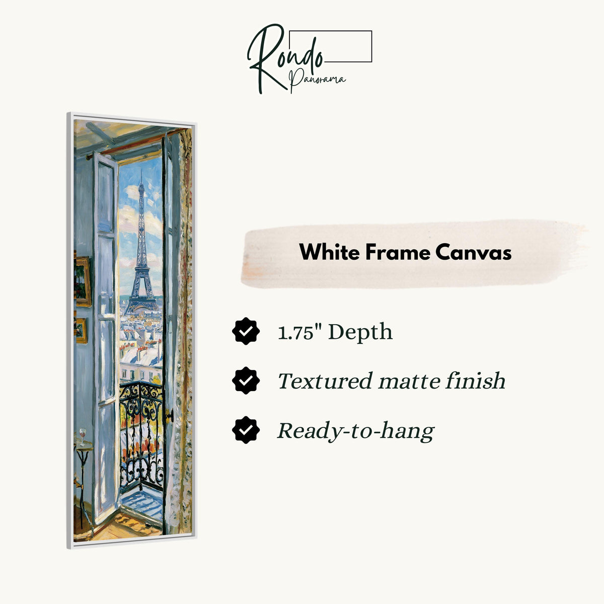 Eiffel Tower through a tall blue window canvas print in a white floating frame