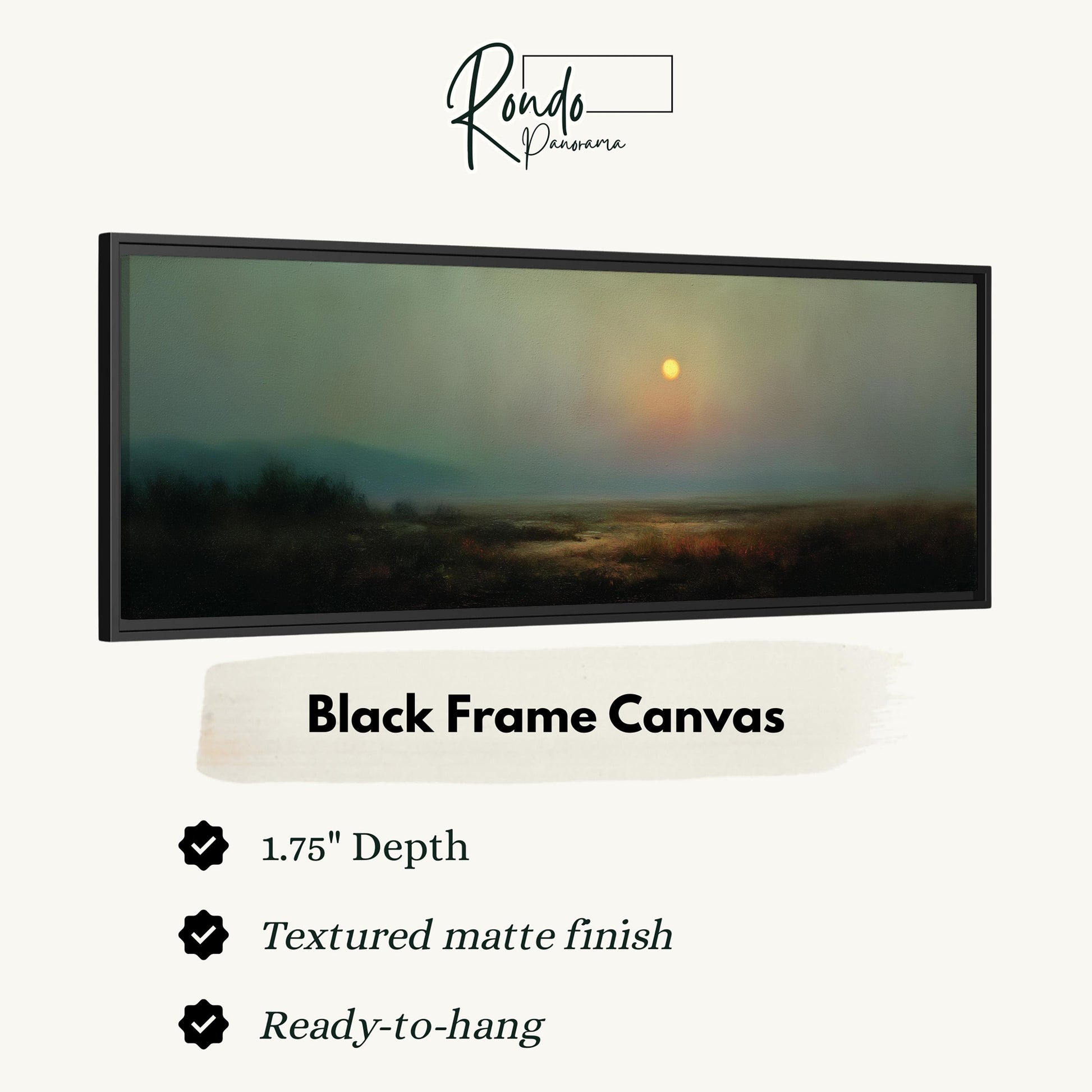 The image is a black frame canvas depicting a landscape with a sunset over a field.
