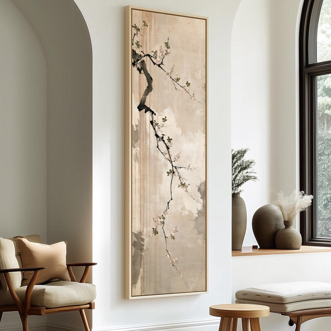 Small birds on a cherry blossom branch long vertical canvas print in a sunlit living space