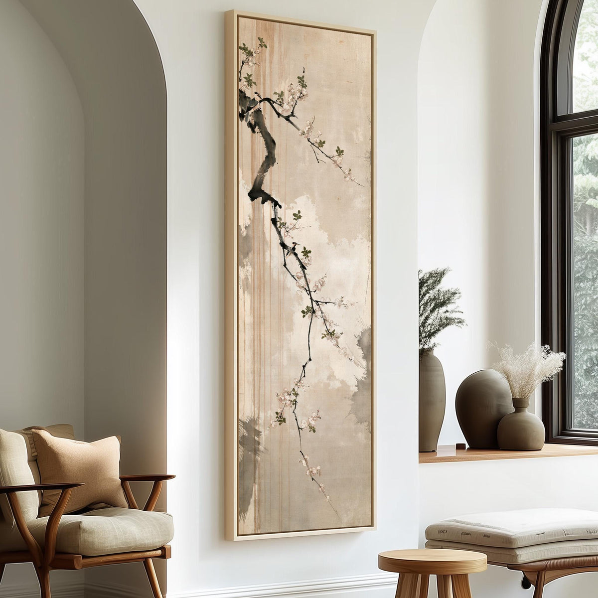 Small birds on a cherry blossom branch long vertical canvas print in a sunlit living space
