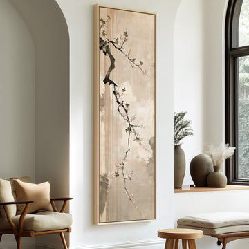 Small birds on a cherry blossom branch long vertical canvas print in a sunlit living space