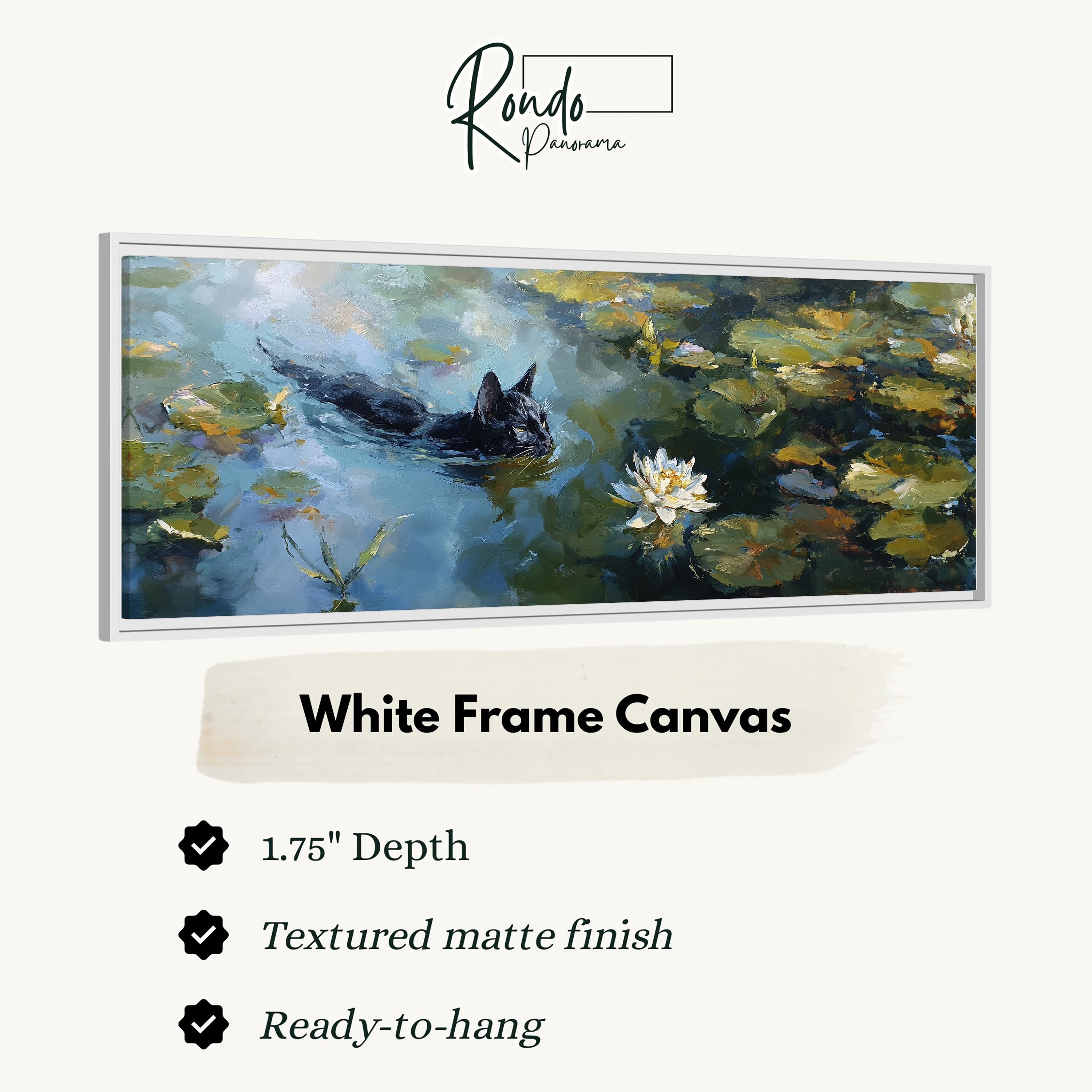 The image is a painting of a black cat swimming in a pond with lily pads and water lilies.