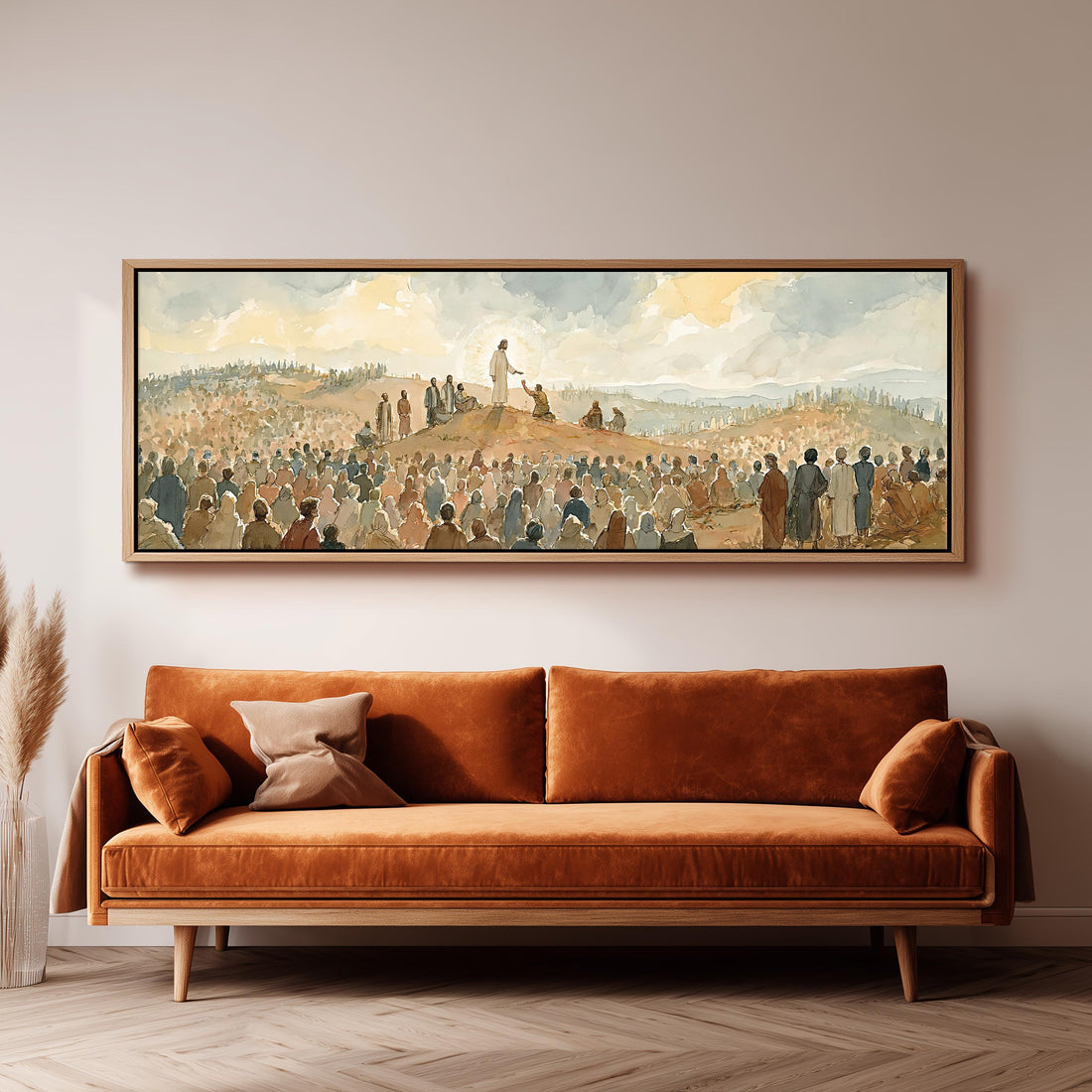 Jesus preaching to a great crowd long horizontal canvas print above a sofa in a living room