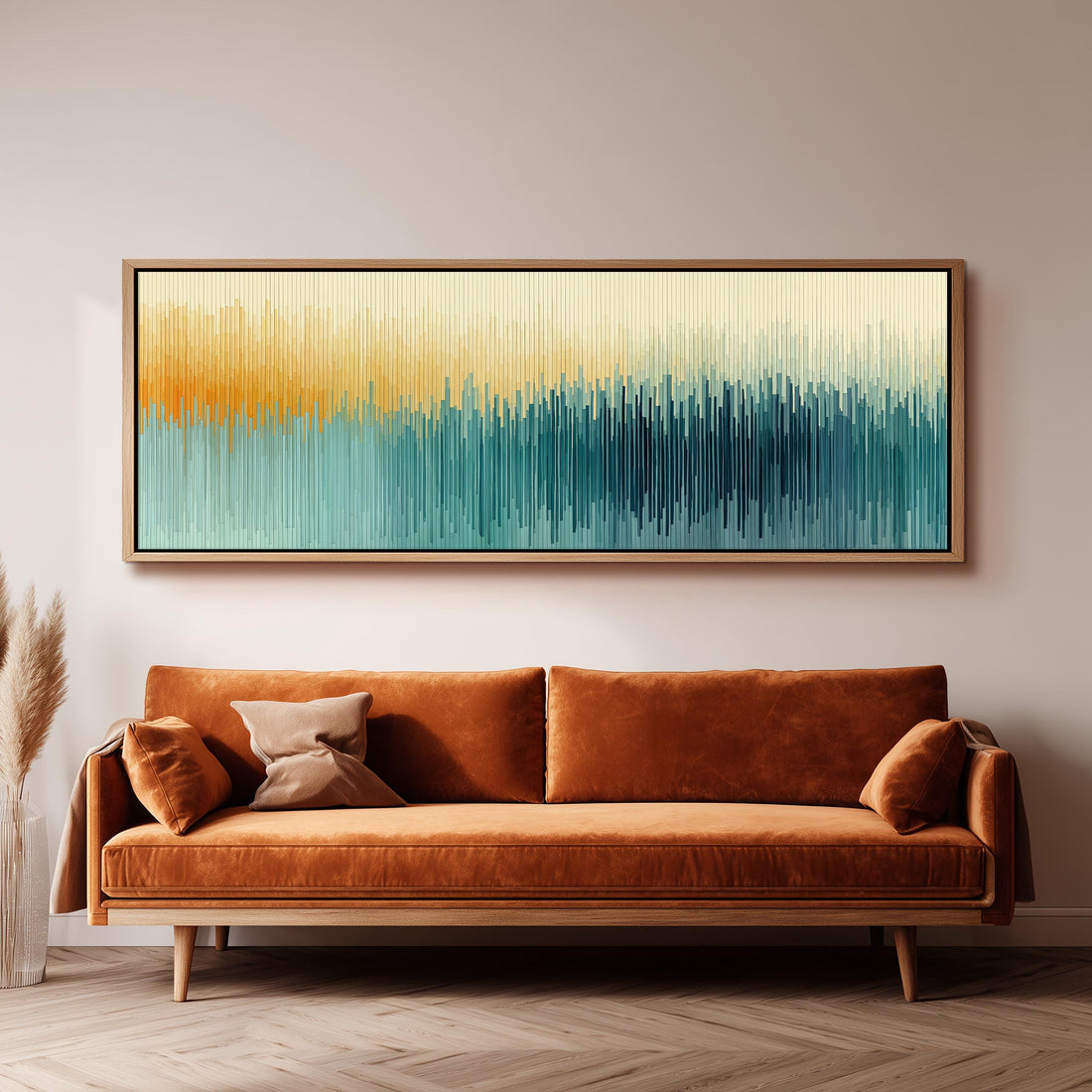 a large, rectangular abstract painting hanging on a wall above a brown sofa with two pillows.