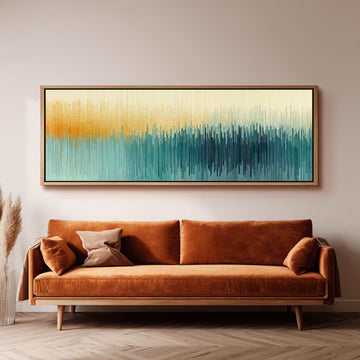 a large, rectangular abstract painting hanging on a wall above a brown sofa with two pillows.