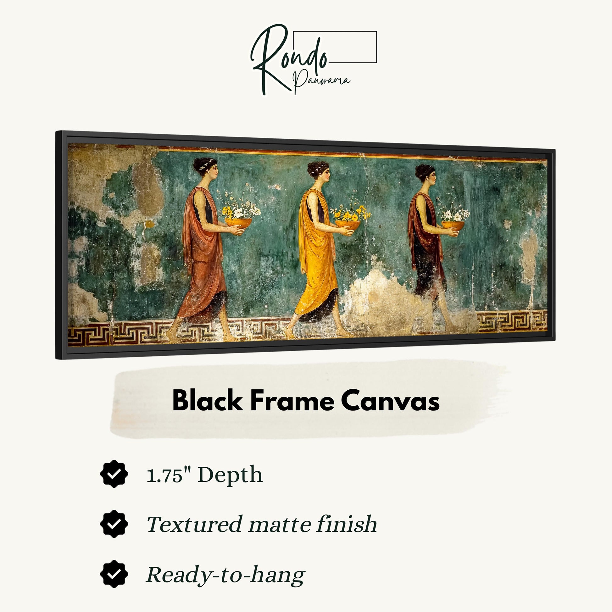 The image is a black frame canvas depicting three women carrying baskets of flowers.