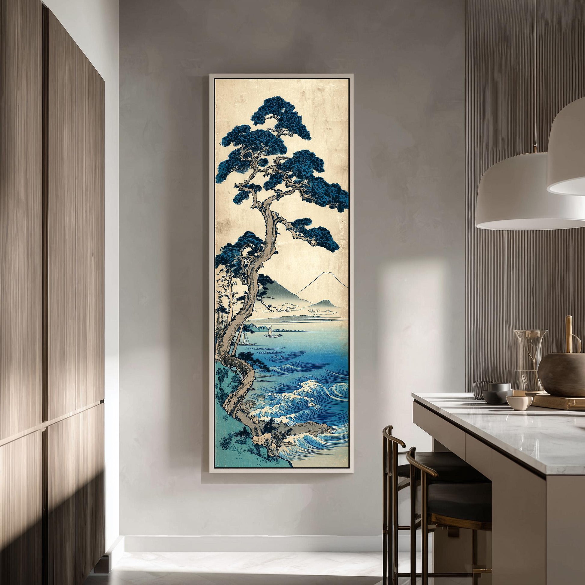 a large framed painting of a serene landscape with a tree and a body of water, hanging on a wall in a modern kitchen.