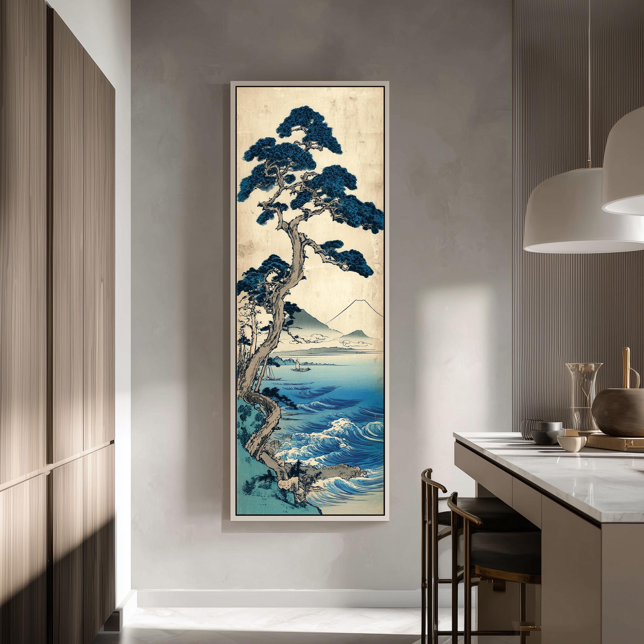a large framed painting of a serene landscape with a tree and a body of water, hanging on a wall in a modern kitchen.