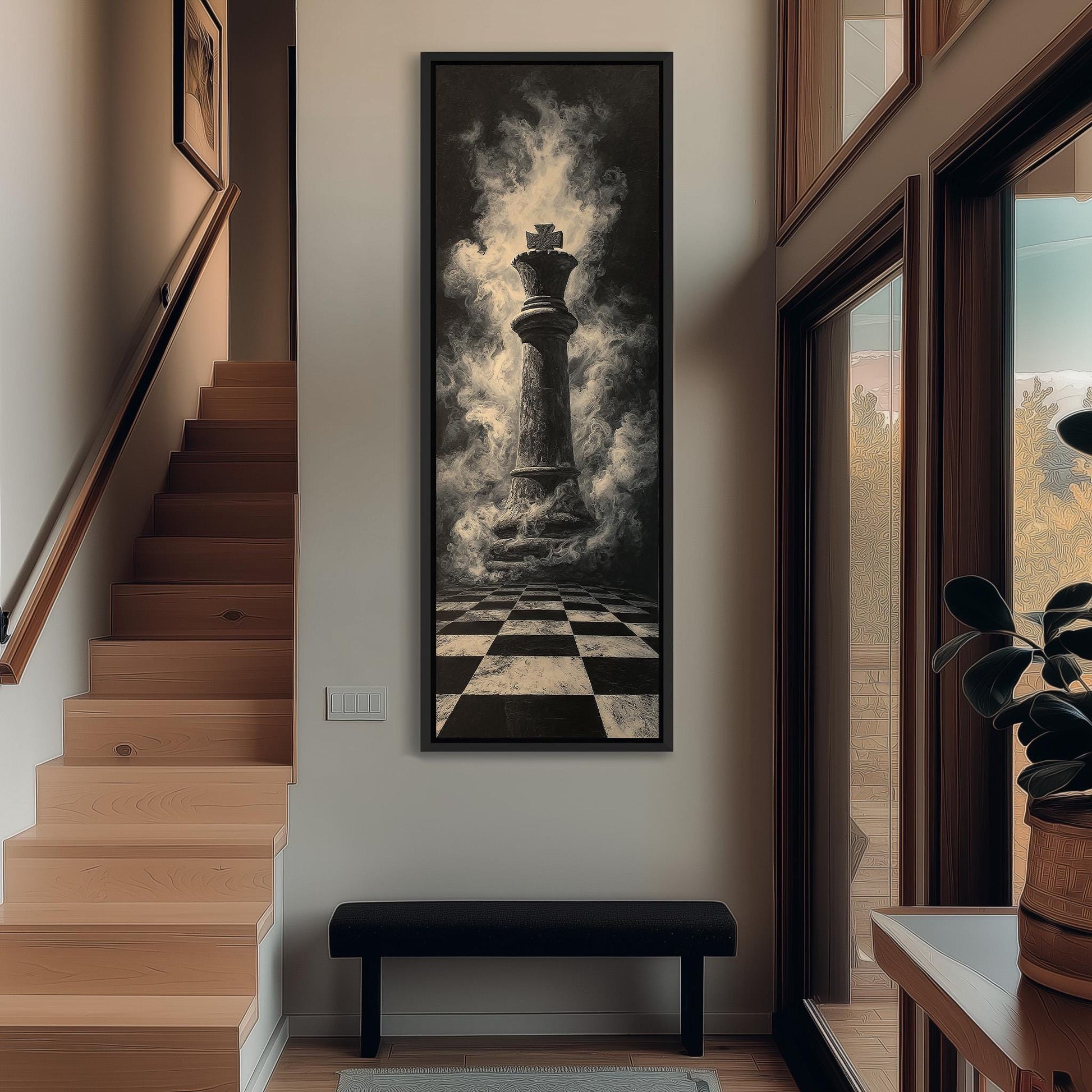 a large black and white painting of a chess king on the wall, with a checkerboard pattern below it. The painting is hanging above a black bench, which is positioned in front of a window. The room has wooden stairs leading up to the bench, and there is a plant on the windowsill.