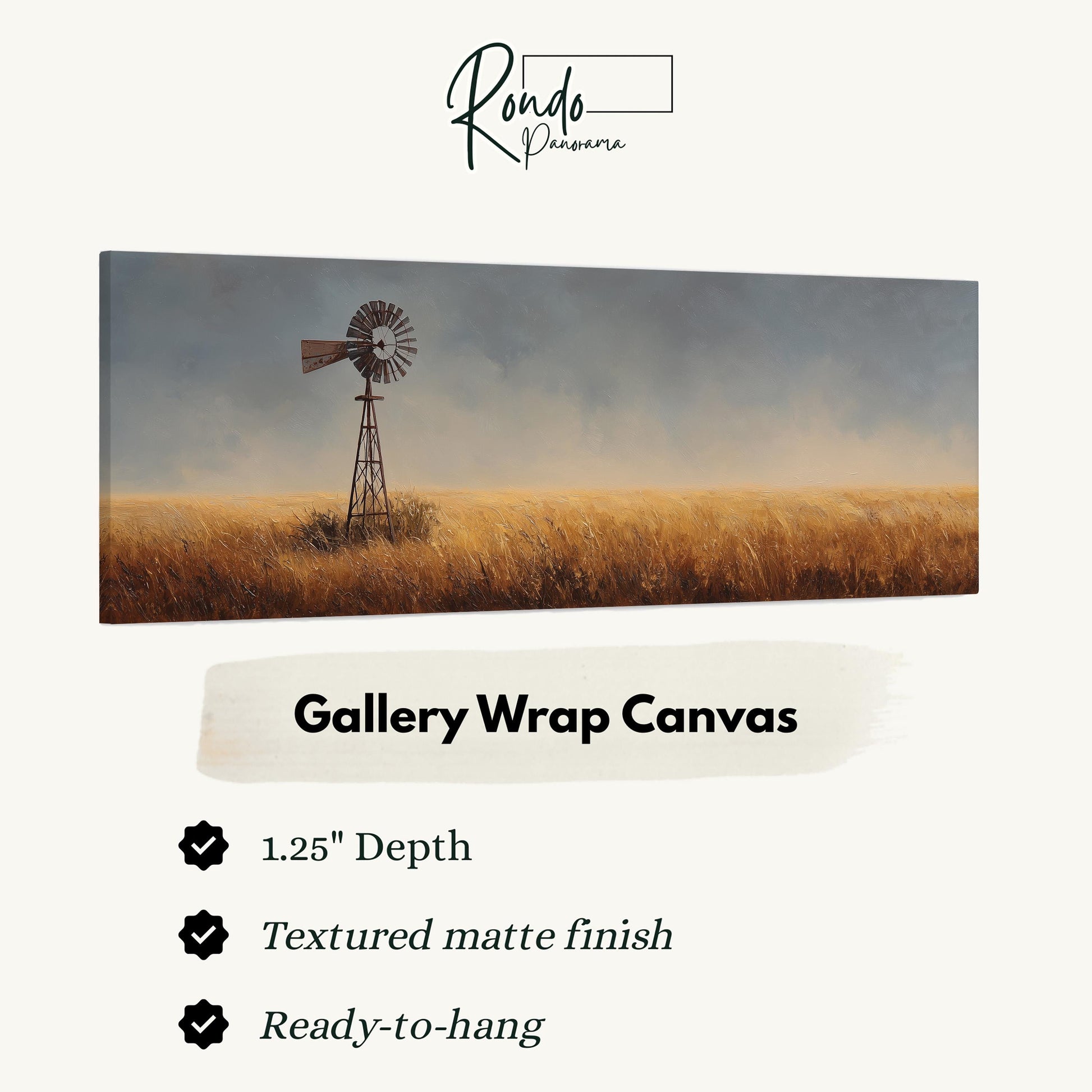The image is a painting of a windmill in a field, with a textured matte finish and a 1.25" depth.