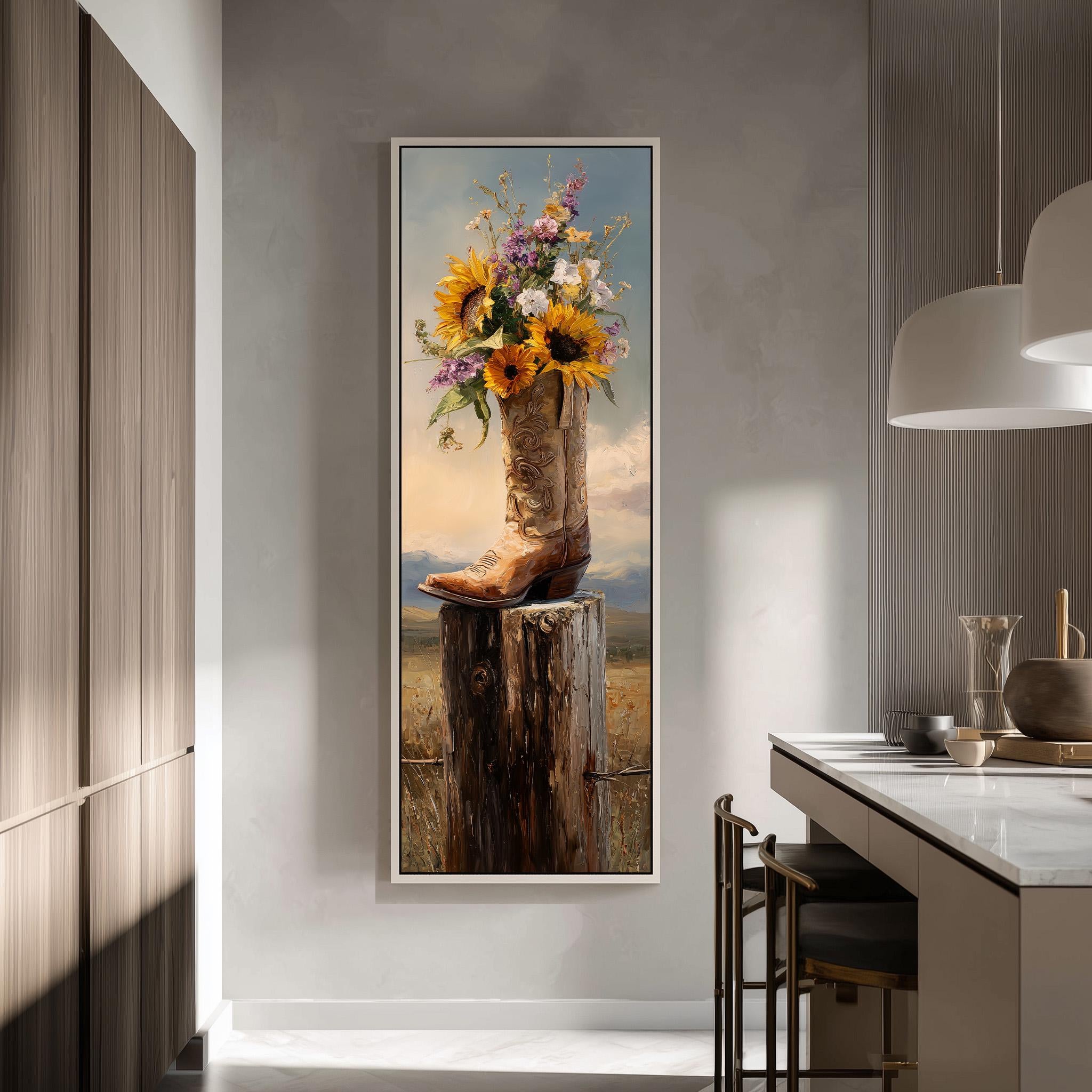 a large framed painting of a cowboy boot filled with flowers, hanging on a wall in a modern kitchen.
