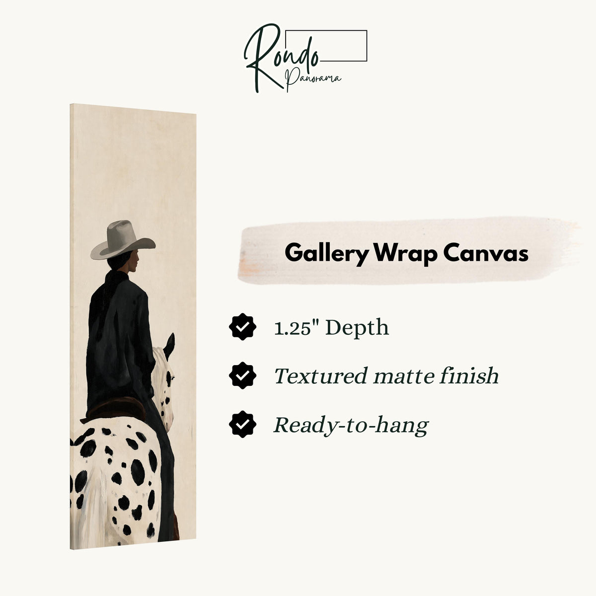 Cowgirl on a spotted appaloosa from behind gallery wrap canvas with the image wrapped around the edges