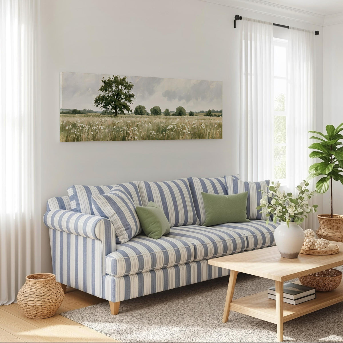 Lone oak tree in a daisy meadow long horizontal canvas print above a striped sofa in a coastal living room