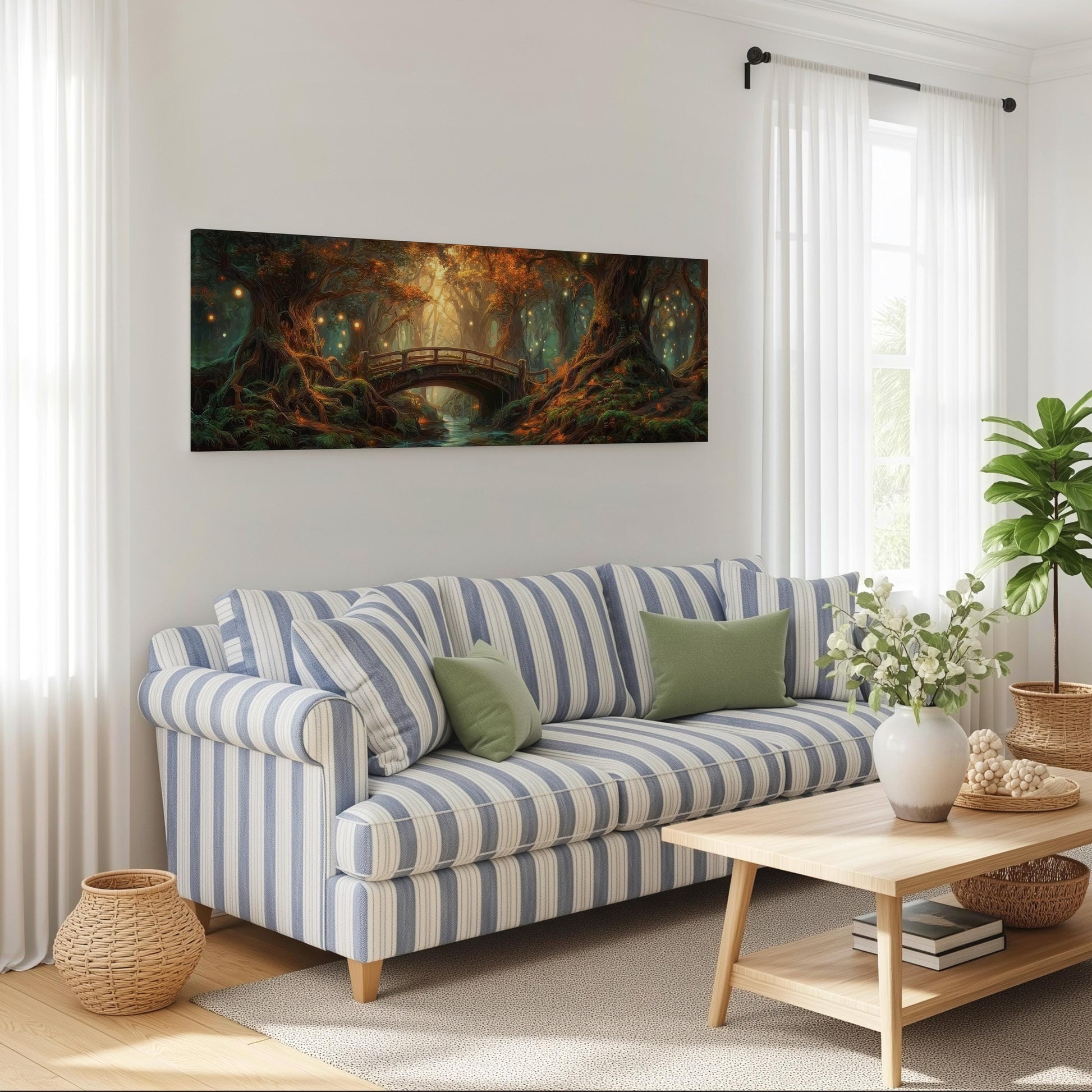 a cozy living room with a striped sofa, a wooden coffee table, and a large painting of a forest scene hanging on the wall.