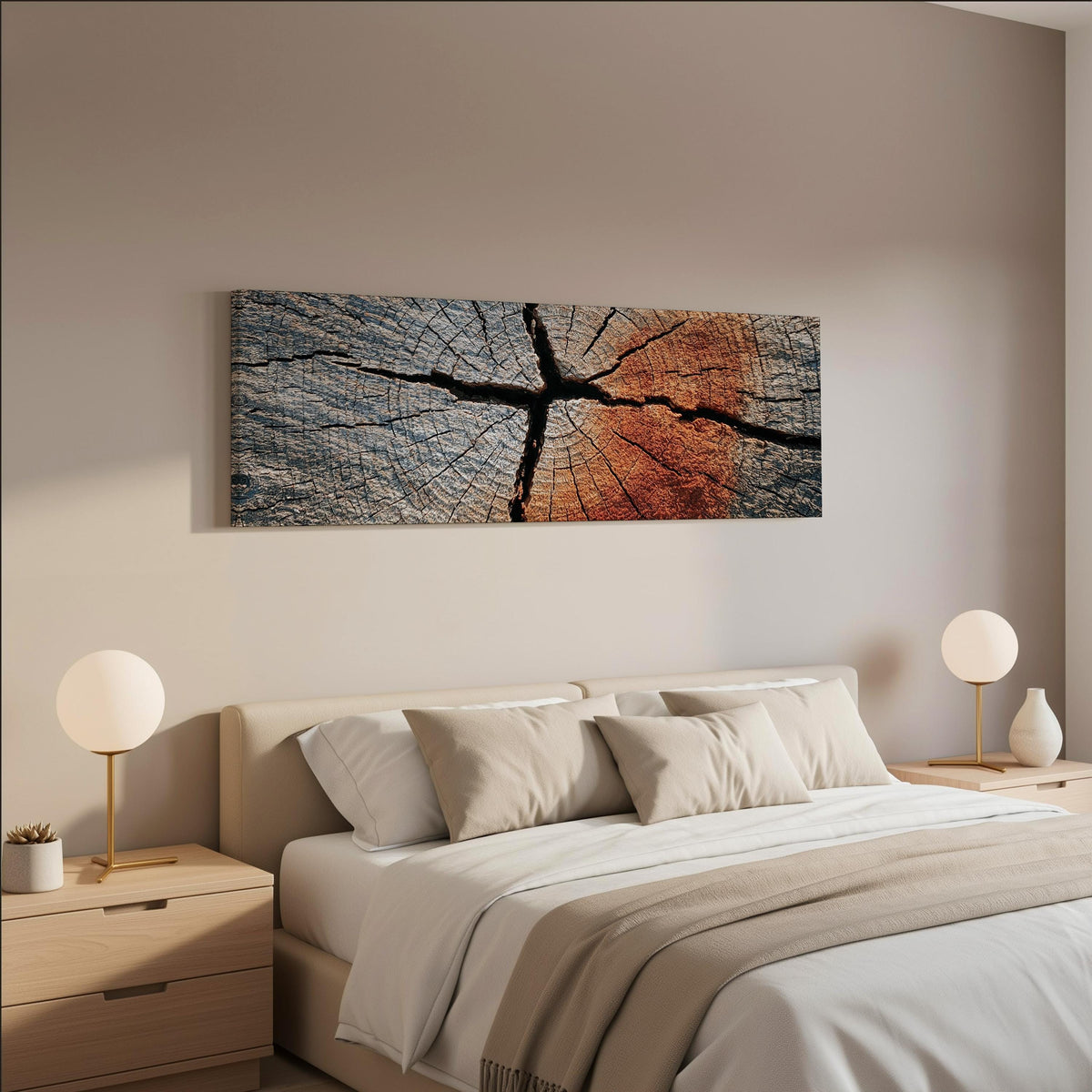 Copper cracked wood grain wide panoramic canvas print above a bed in a neutral bedroom