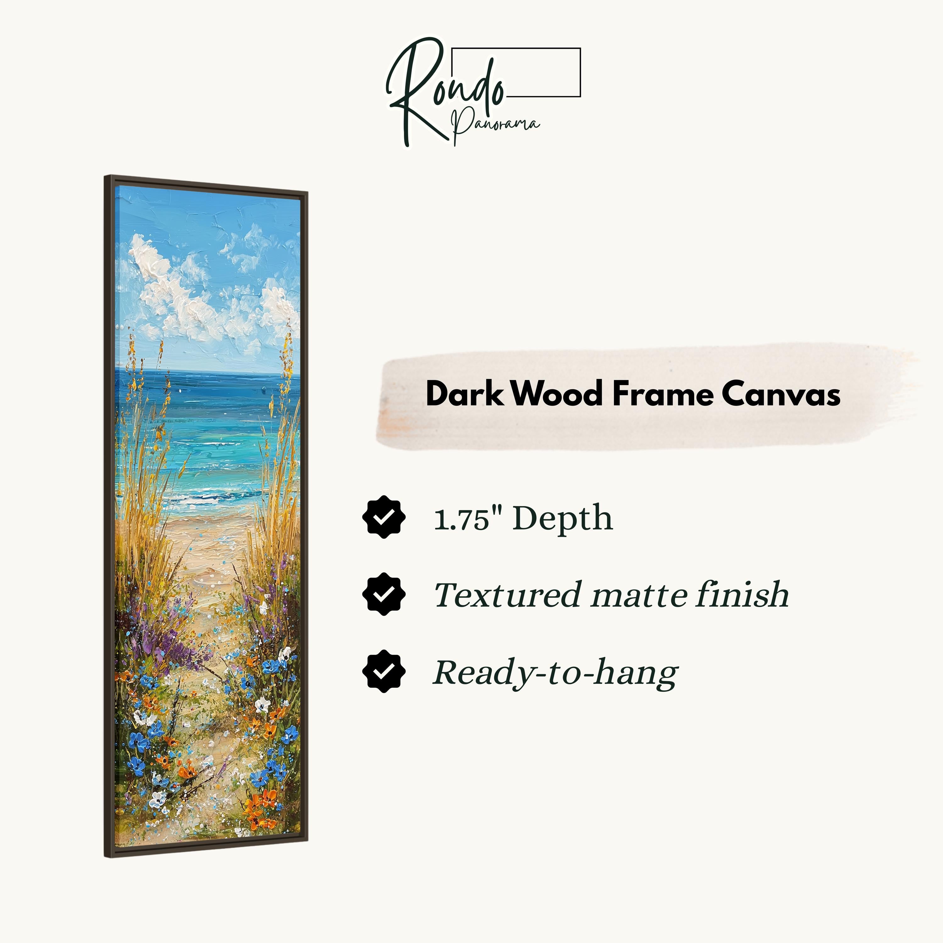 The image is a rectangular dark wood frame canvas depicting a beach scene with tall grasses and flowers along the shoreline.