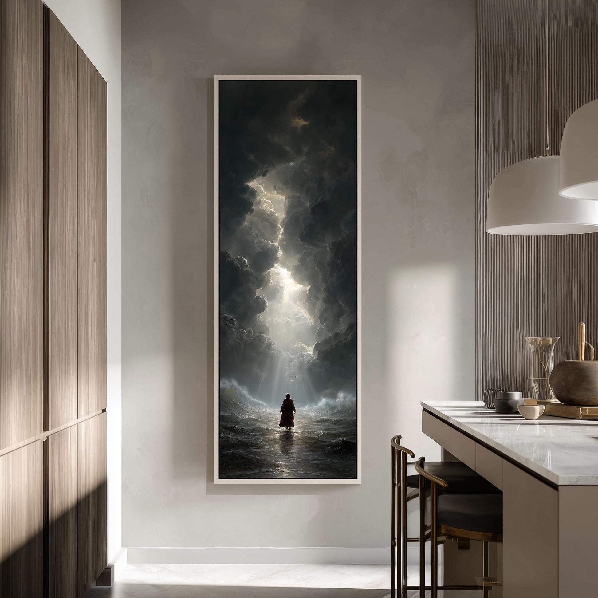 a person standing in a kitchen, looking out at a stormy sea.