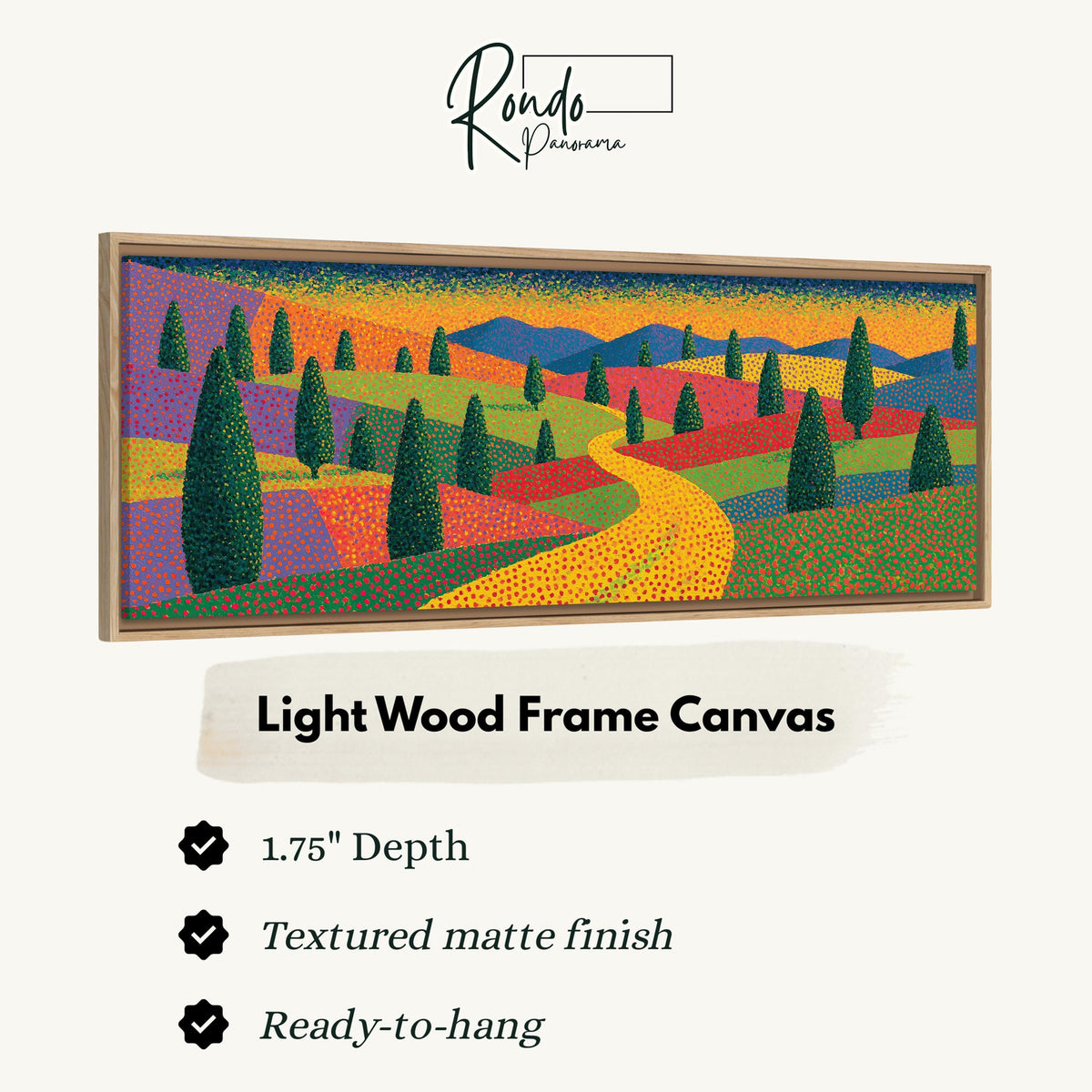 Cypress valley with a winding road canvas print in a light wood floating frame