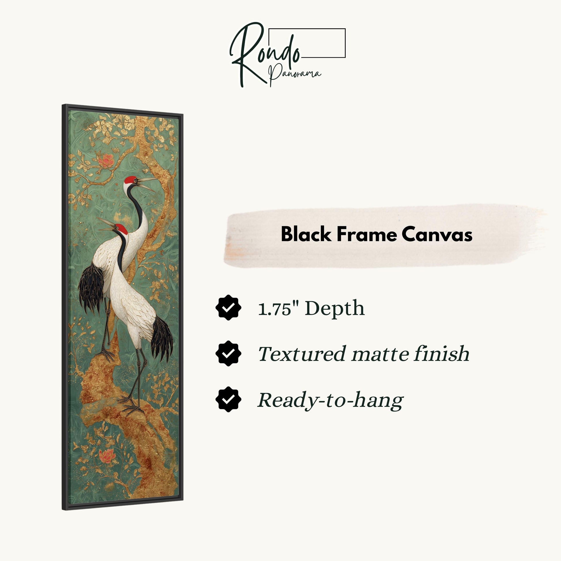 The image is a black frame canvas featuring a painting of two white birds with black and red accents on a green background.