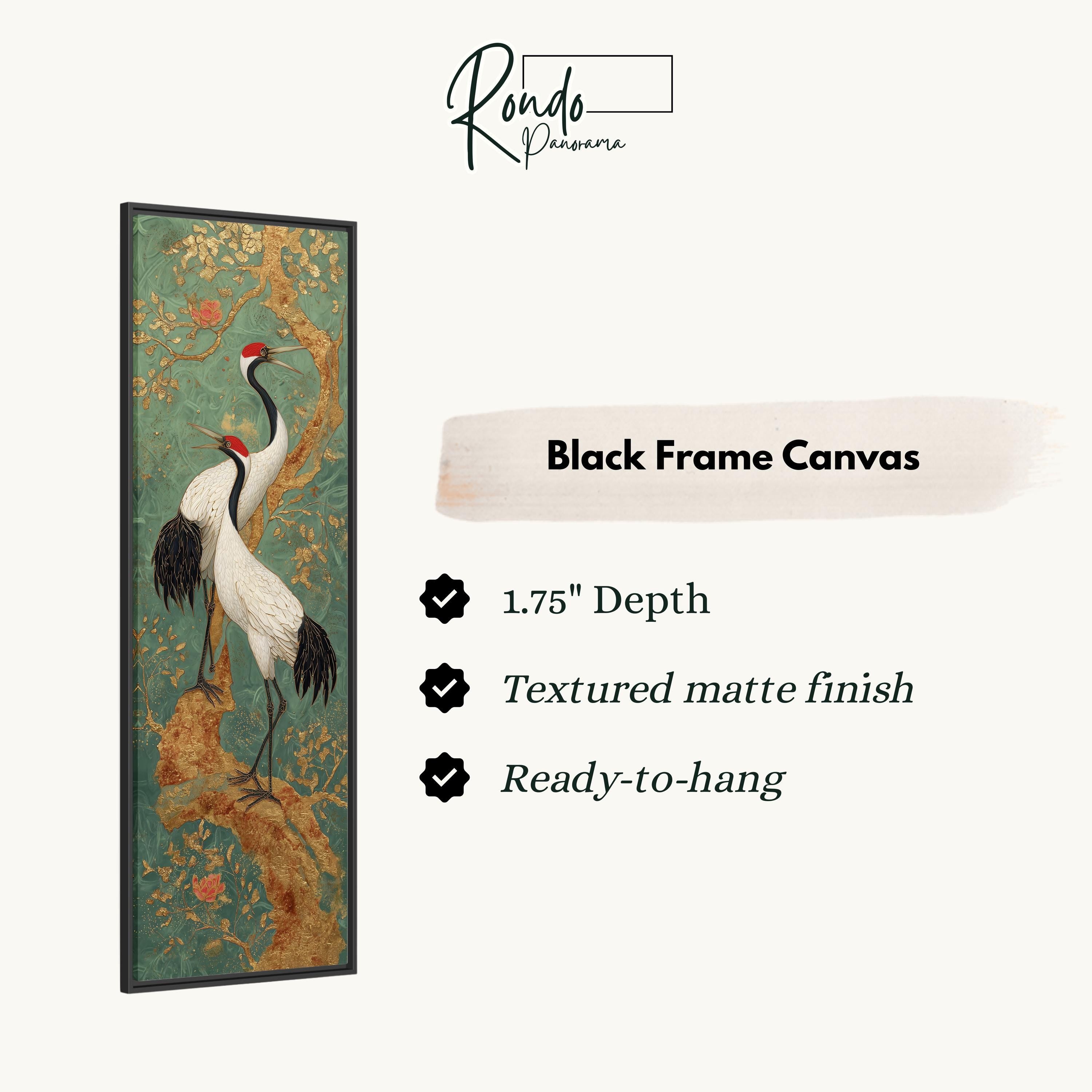 The image is a black frame canvas featuring a painting of two white birds with black and red accents on a green background.