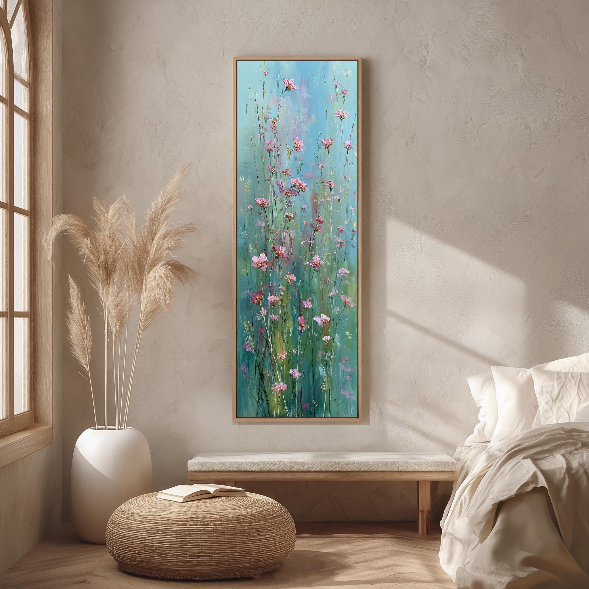 a serene bedroom setting with a large painting of flowers hanging on the wall. The painting is framed in a white frame and is surrounded by a beige bedspread and white pillows. A large window allows natural light to fill the room, and a white wicker ottoman is placed in front of the bed. A potted plant with tall, feathery flowers is also present in the room, adding a touch of nature to the space.