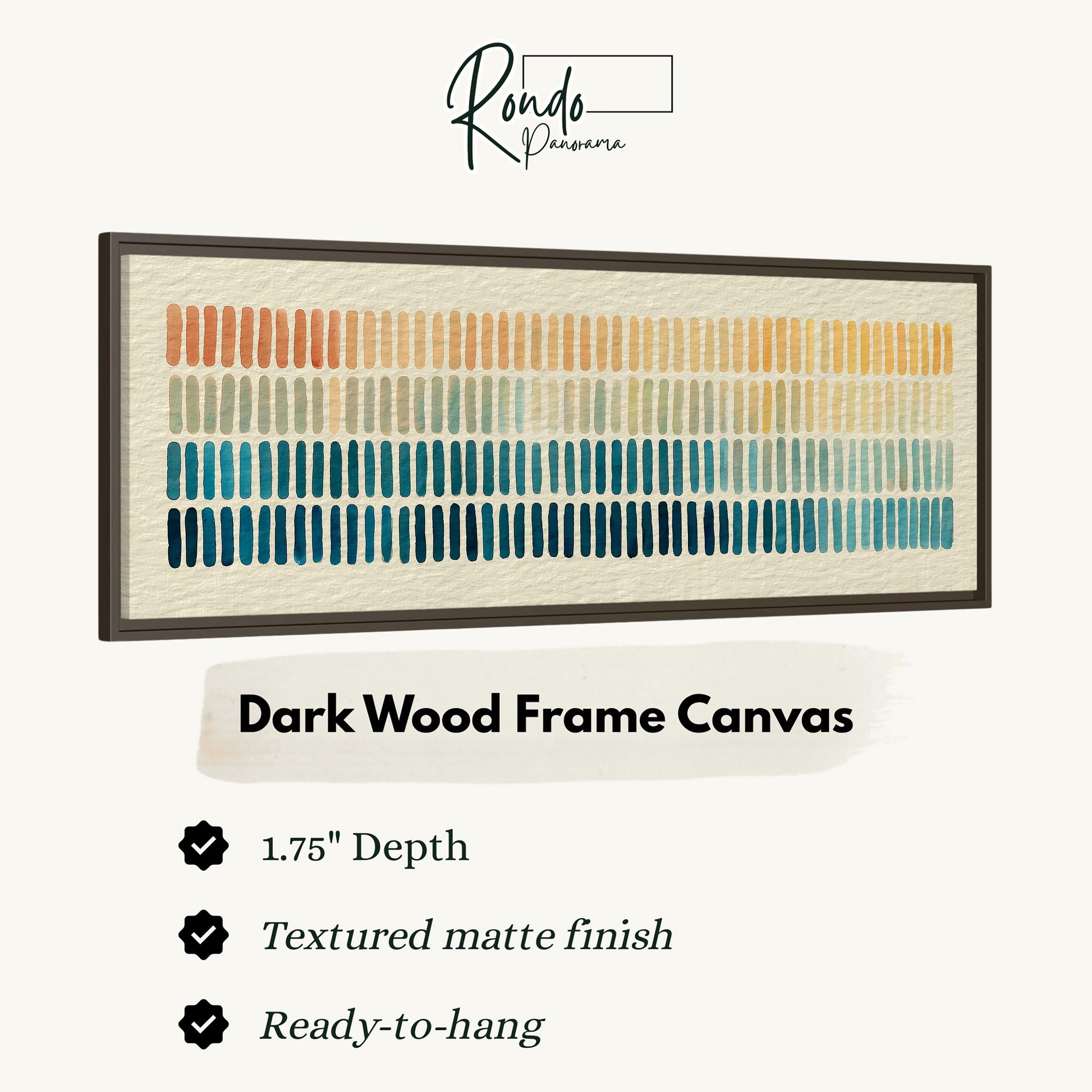 a dark wood frame canvas with a textured matte finish, measuring 1.75" in depth. The canvas is ready to hang and has a textured matte finish.