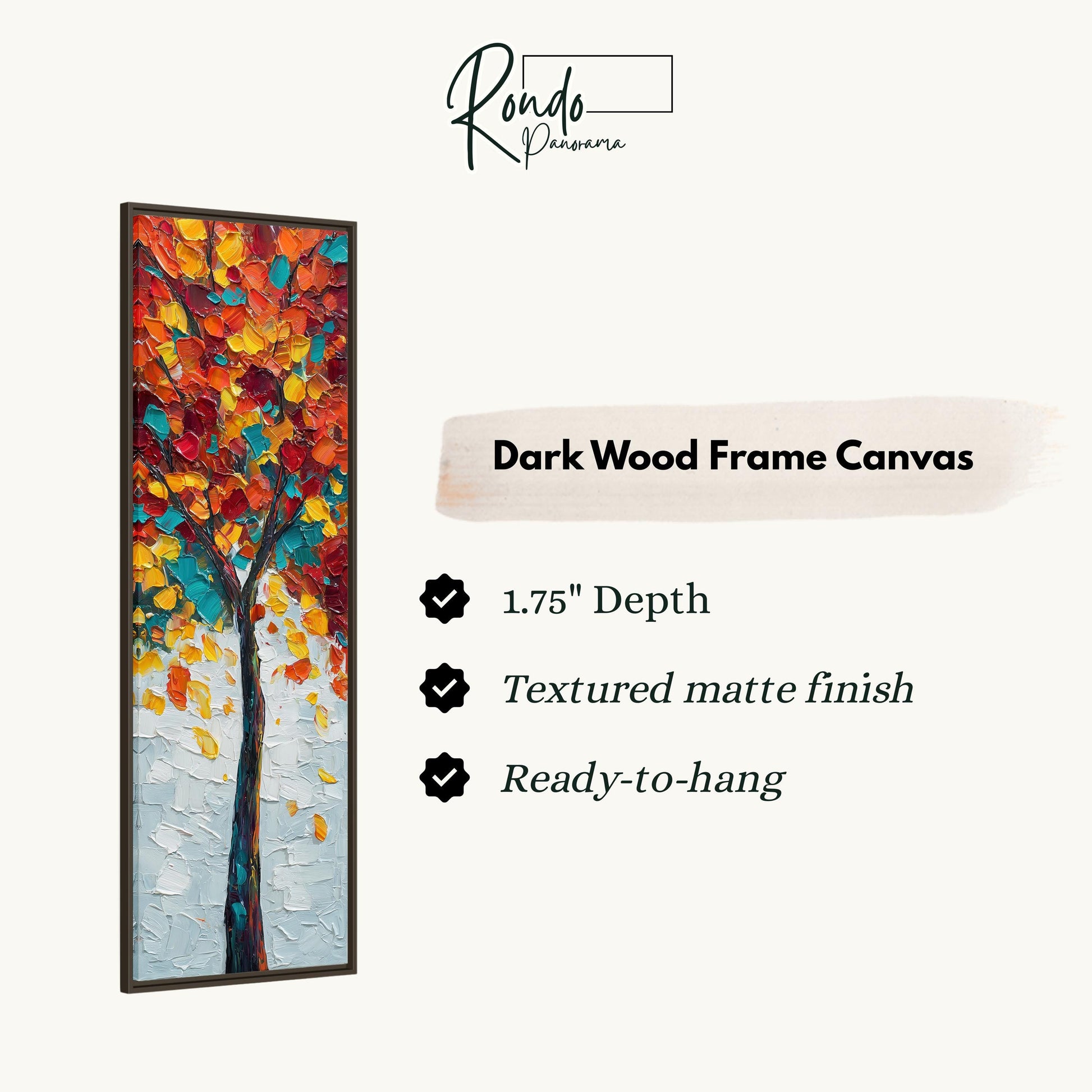 The image is a rectangular dark wood frame canvas with a painting of a tree with falling leaves. The canvas has a 1.75" depth, is textured with a matte finish, and is ready to hang.