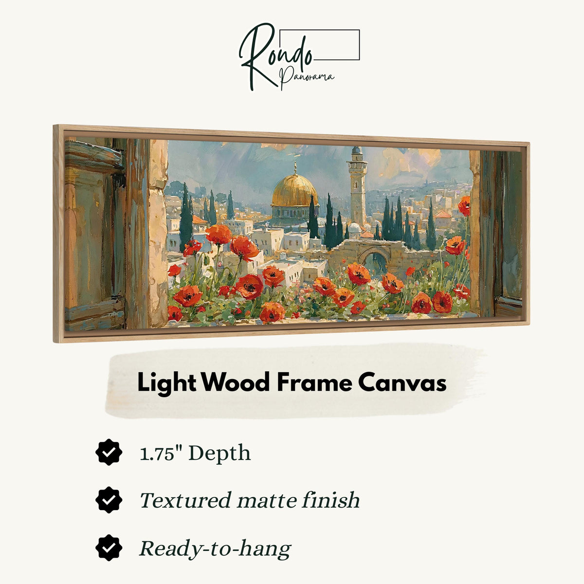 Jerusalem skyline through a window with poppies canvas print in a light wood floating frame