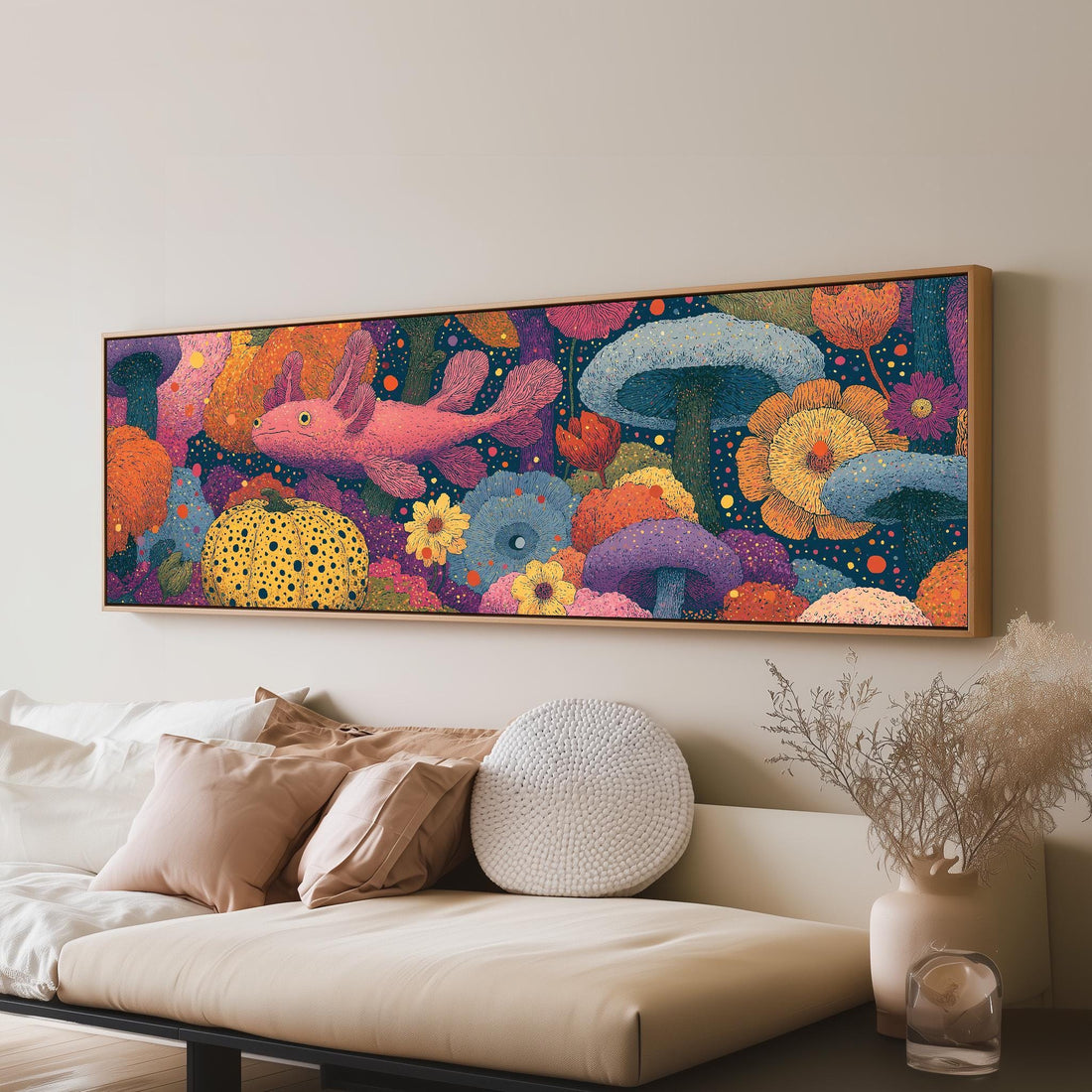 Fantasy mushrooms with a pink creature long horizontal canvas print above a sofa in a living room