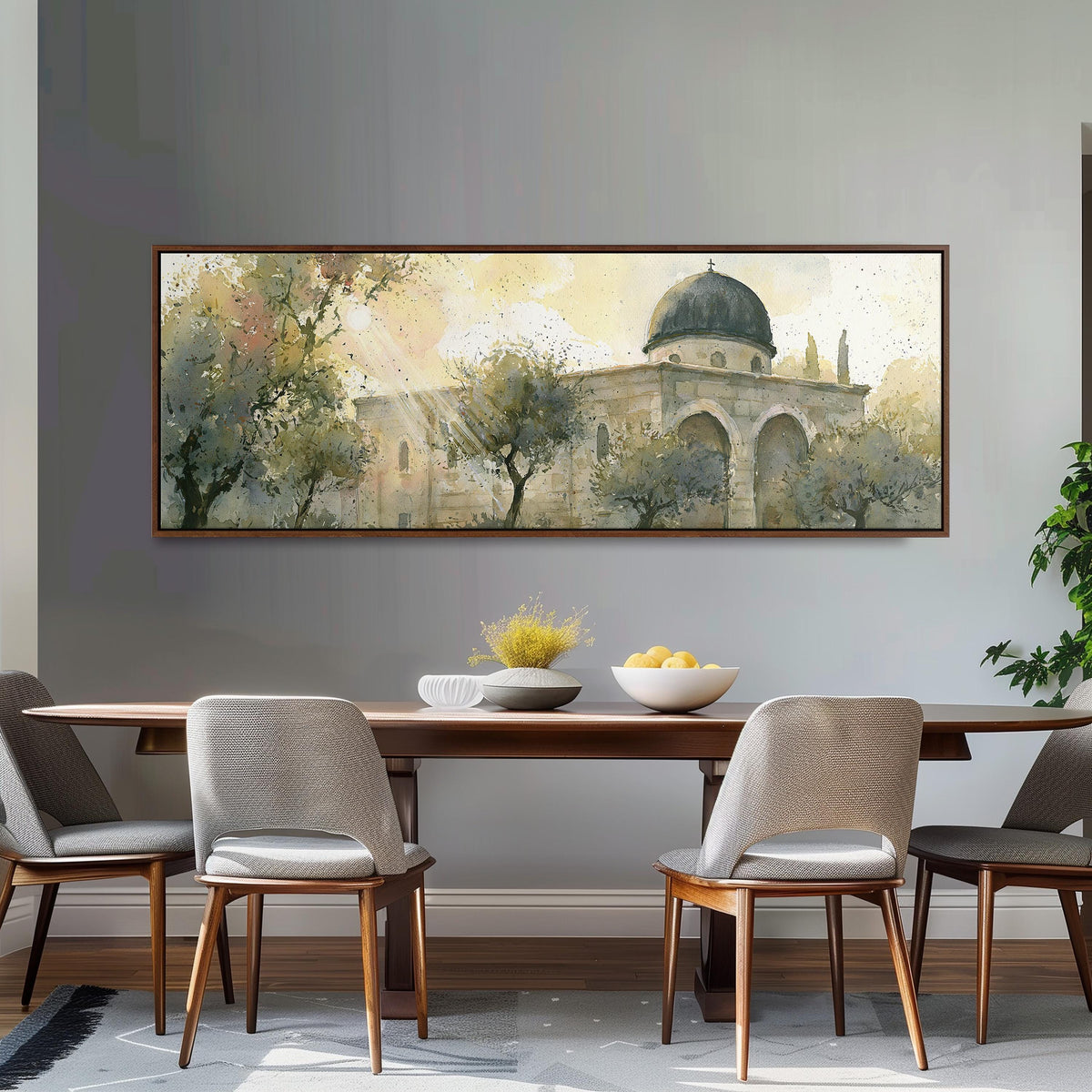 Sunlit dome in an olive grove long horizontal canvas print above a dining table