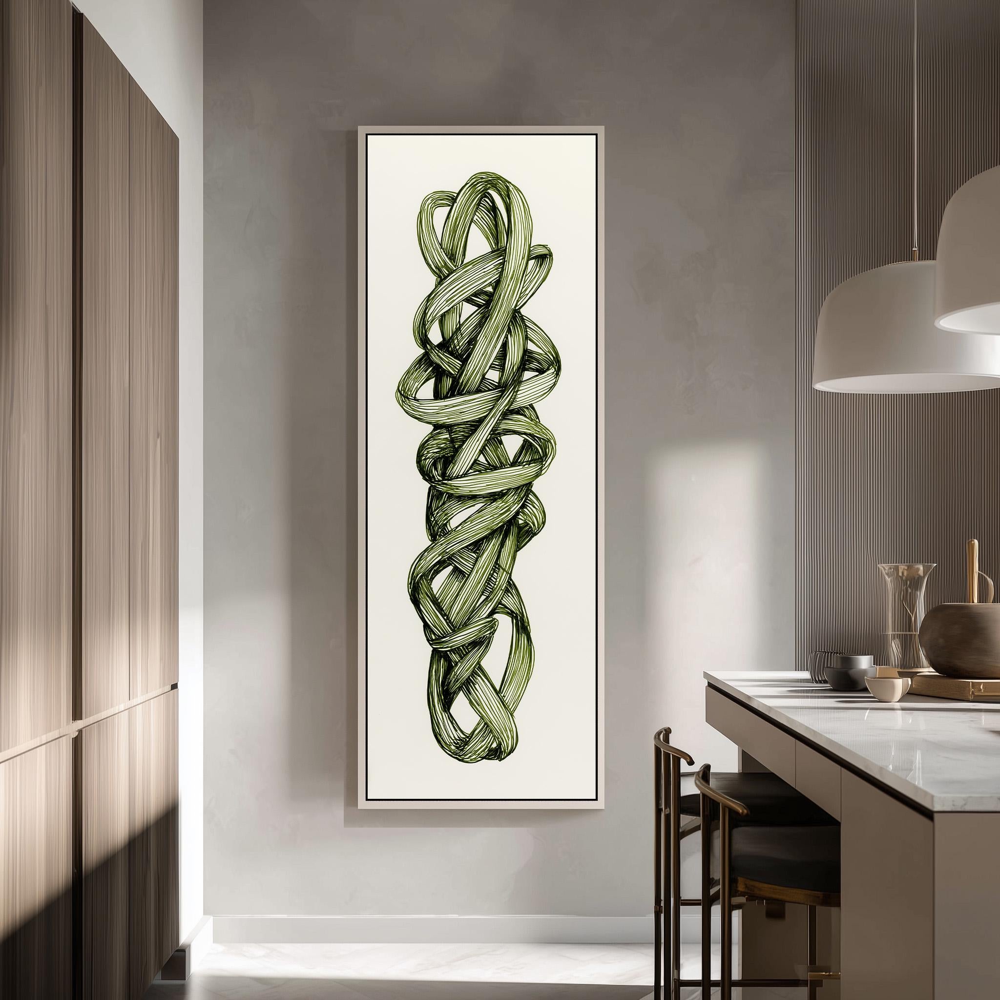 a modern kitchen with a large abstract painting of a green spiral design hanging on the wall.