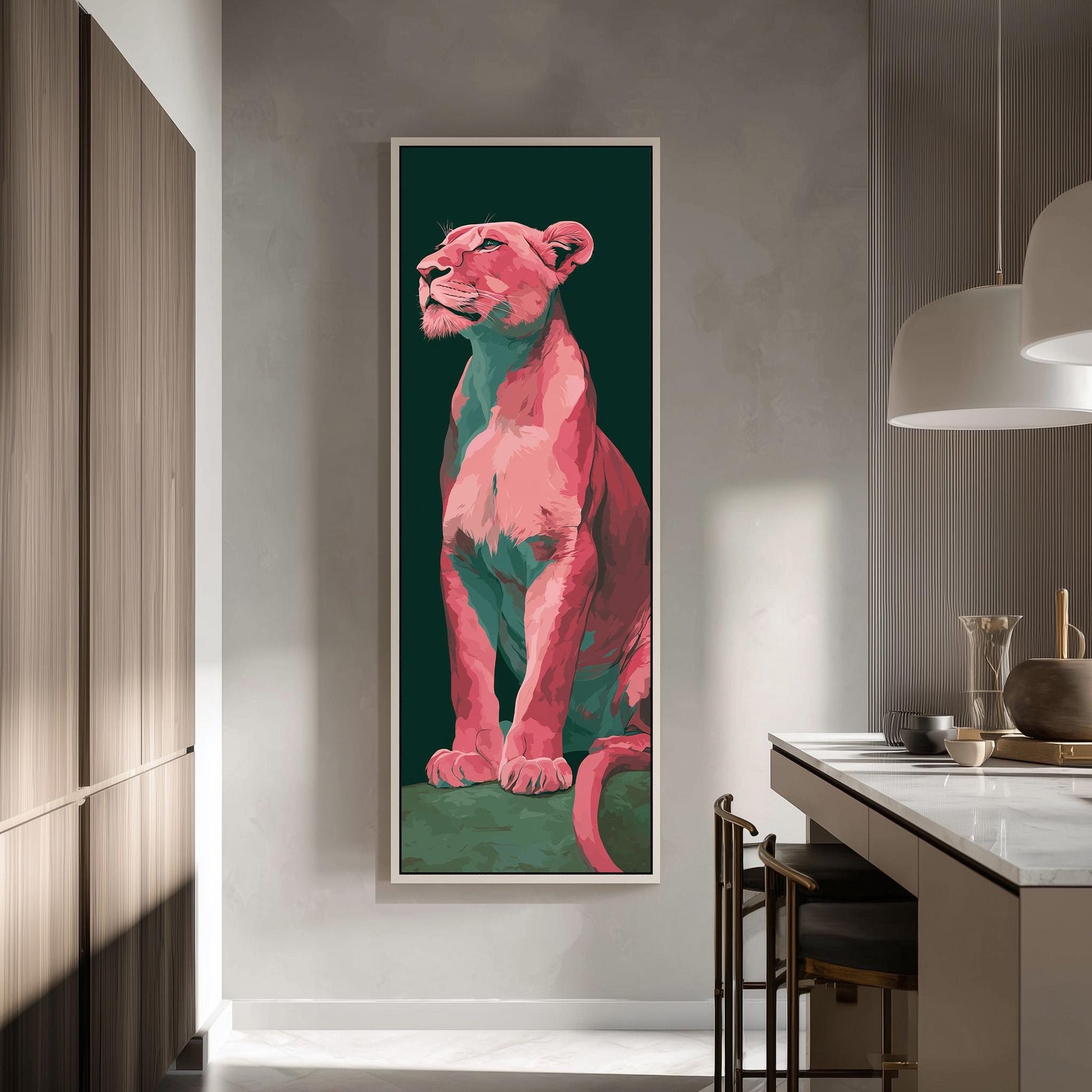 a large, colorful painting of a pink lion on a green background, hanging on a wall in a modern kitchen.