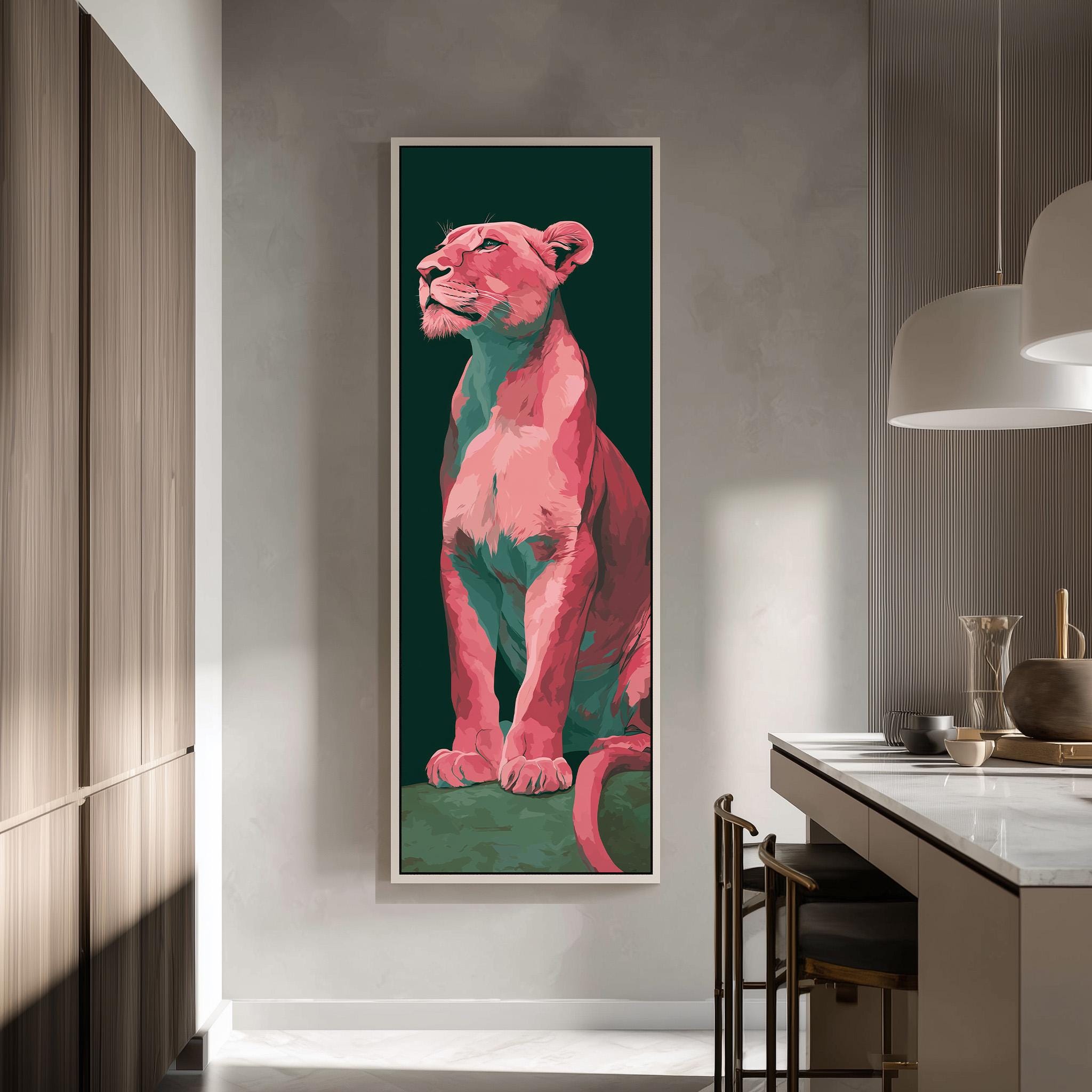 a large, colorful painting of a pink lion on a green background, hanging on a wall in a modern kitchen.