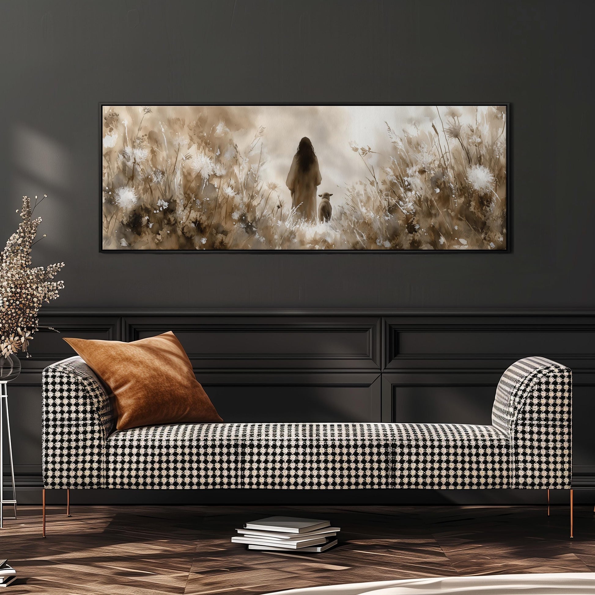 a black and white checkered sofa with a brown throw pillow, set against a dark wall with a large framed painting depicting a woman standing in a field of flowers.