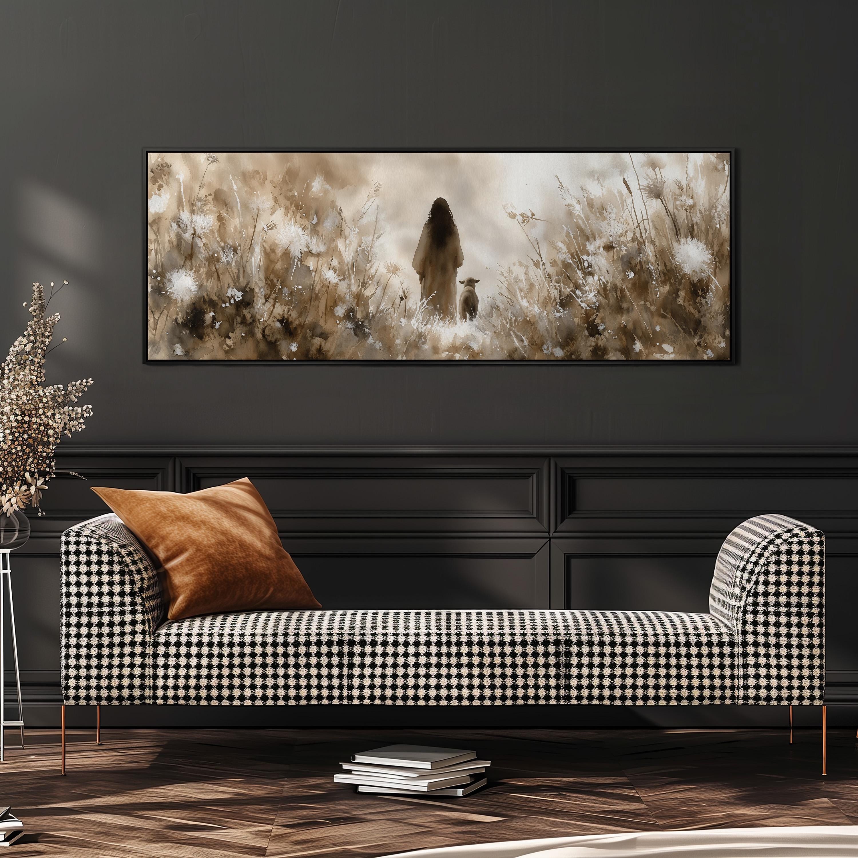 a black and white checkered sofa with a brown throw pillow, set against a dark wall with a large framed painting depicting a woman standing in a field of flowers.