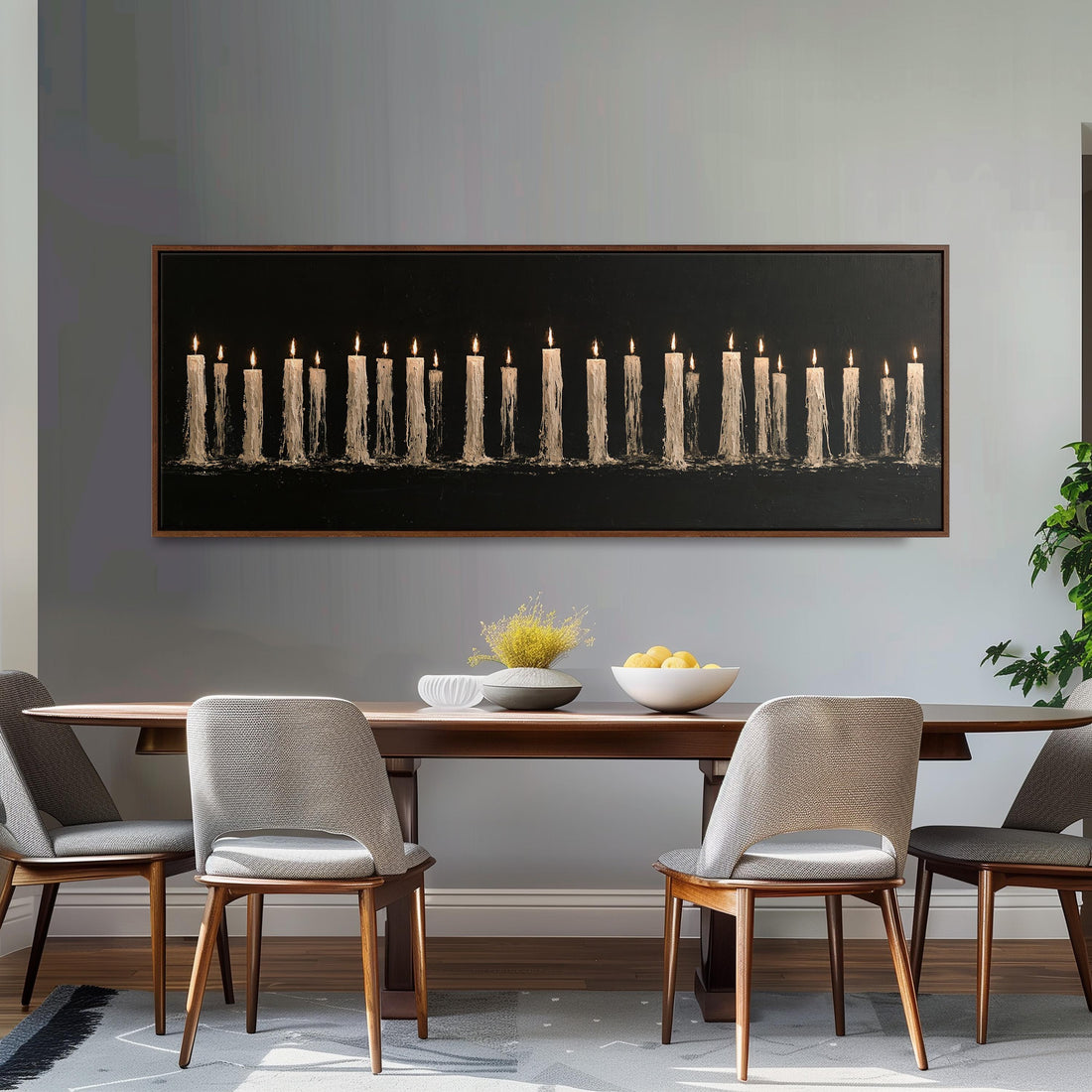 Long row of flickering candles long horizontal canvas print above a sofa in a living room