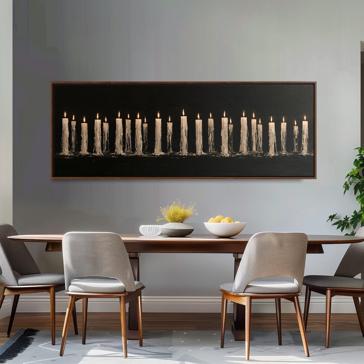 Long row of flickering candles long horizontal canvas print above a sofa in a living room