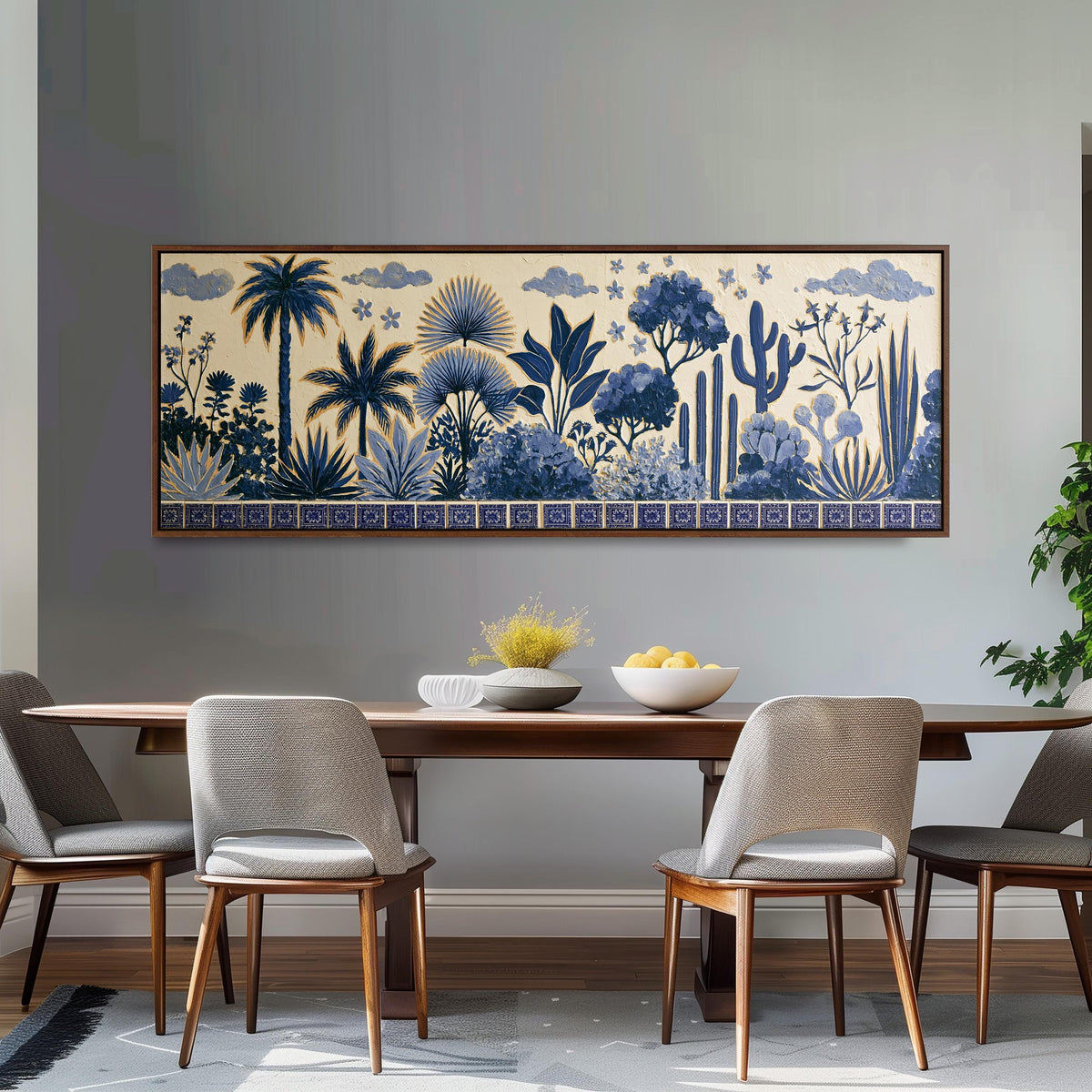 Blue palms, cacti and flowers pattern long horizontal canvas print above a dining table