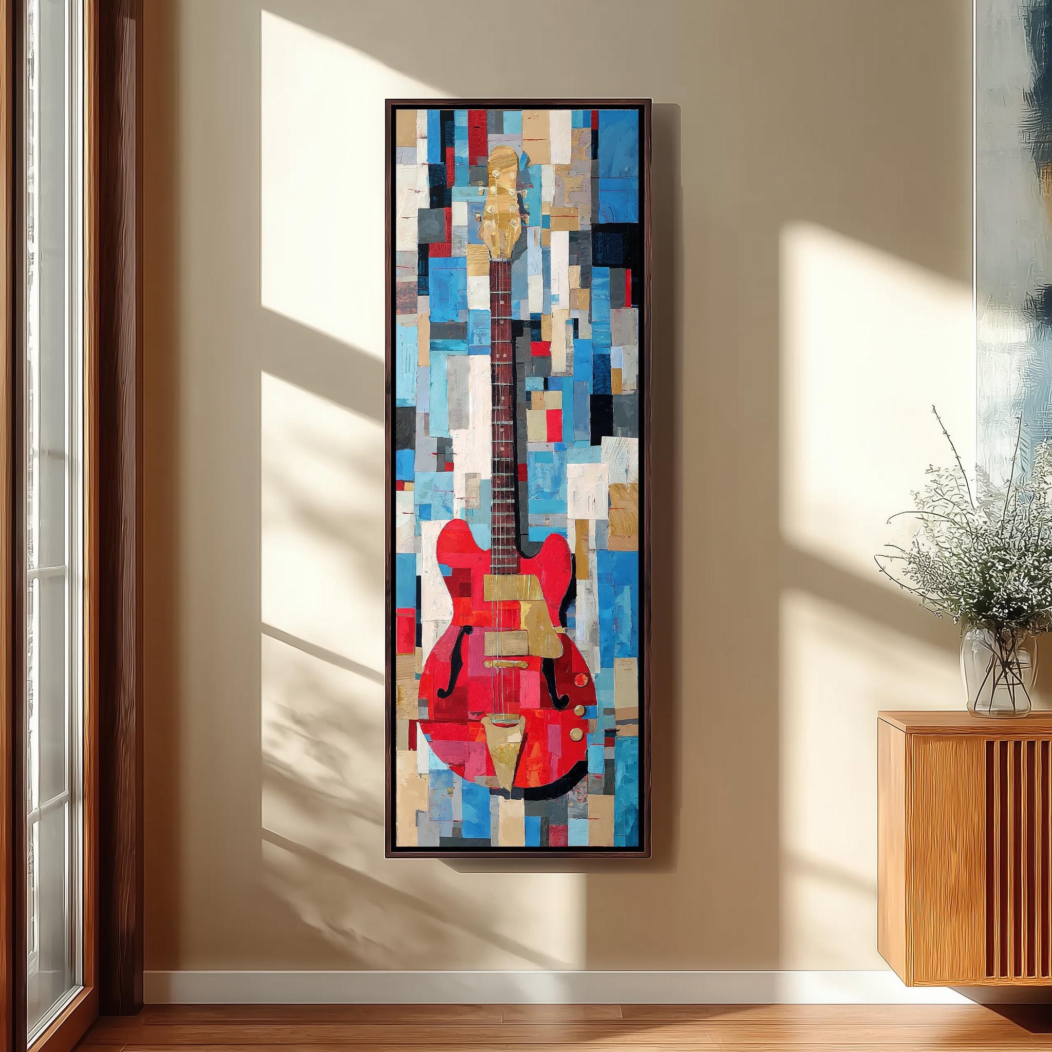 a large, colorful abstract painting of a guitar hanging on a wall.