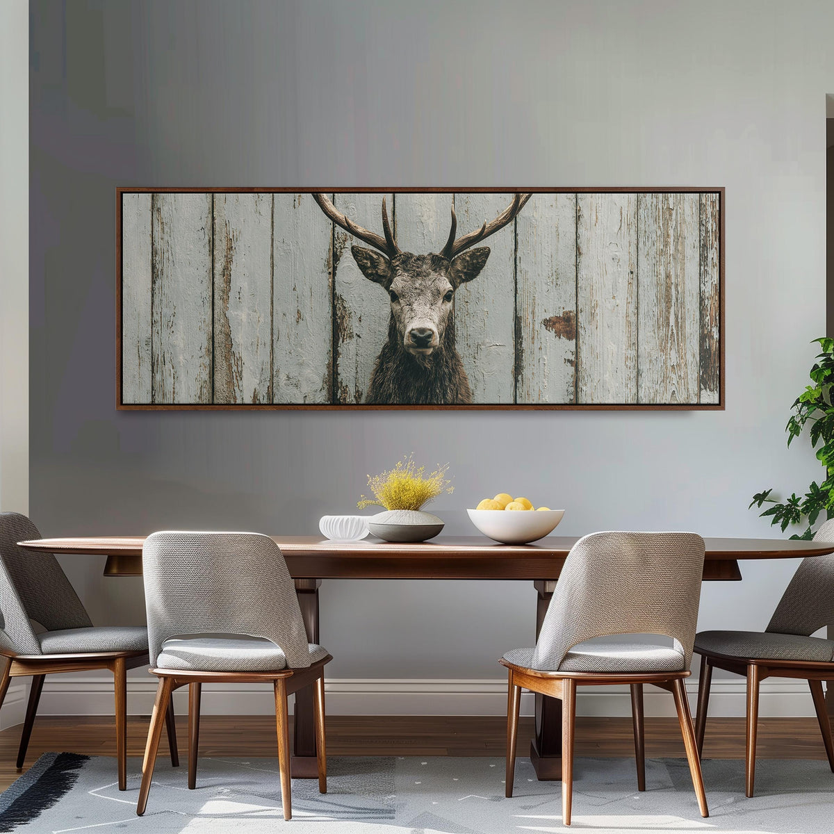 Monochrome stag on barn wood long horizontal canvas print above a dining table