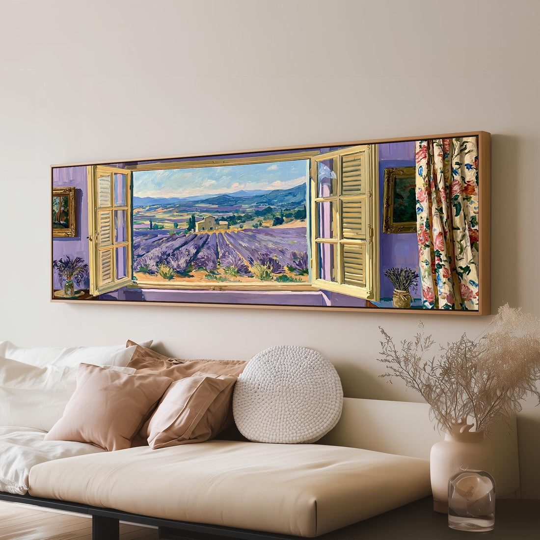 Lavender fields seen through an open window long horizontal canvas print above a sofa in a living room