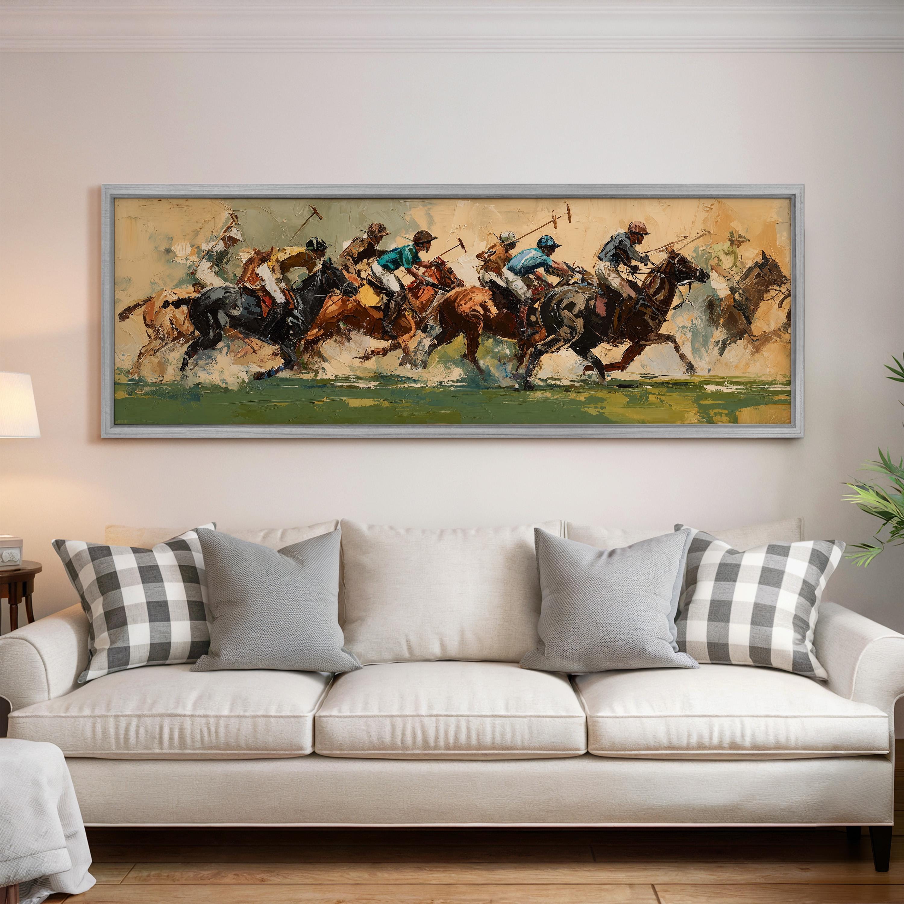 a large painting of a polo match, with multiple horses and riders depicted in a dynamic scene.