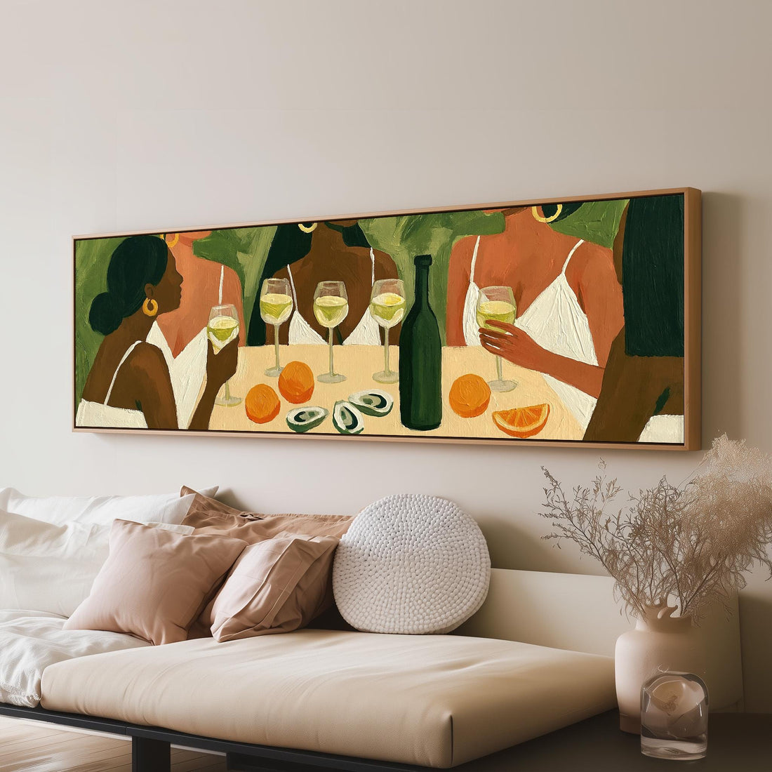 Friends toasting with white wine long horizontal canvas print above a sofa in a living room