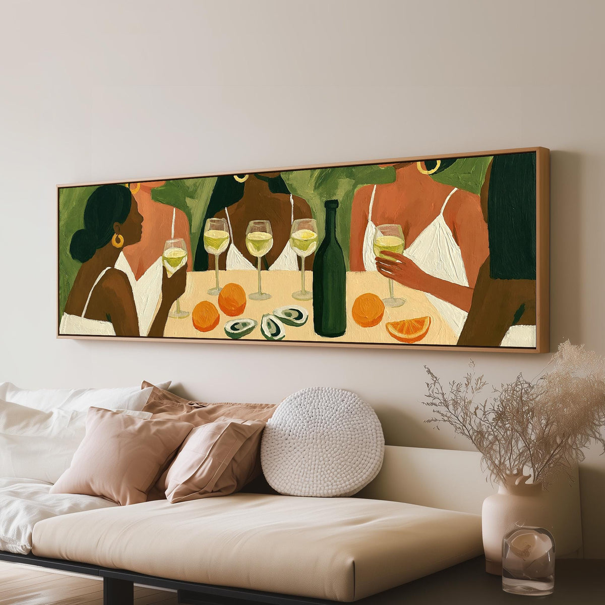 Friends toasting with white wine panoramic canvas print above a sofa in a living room