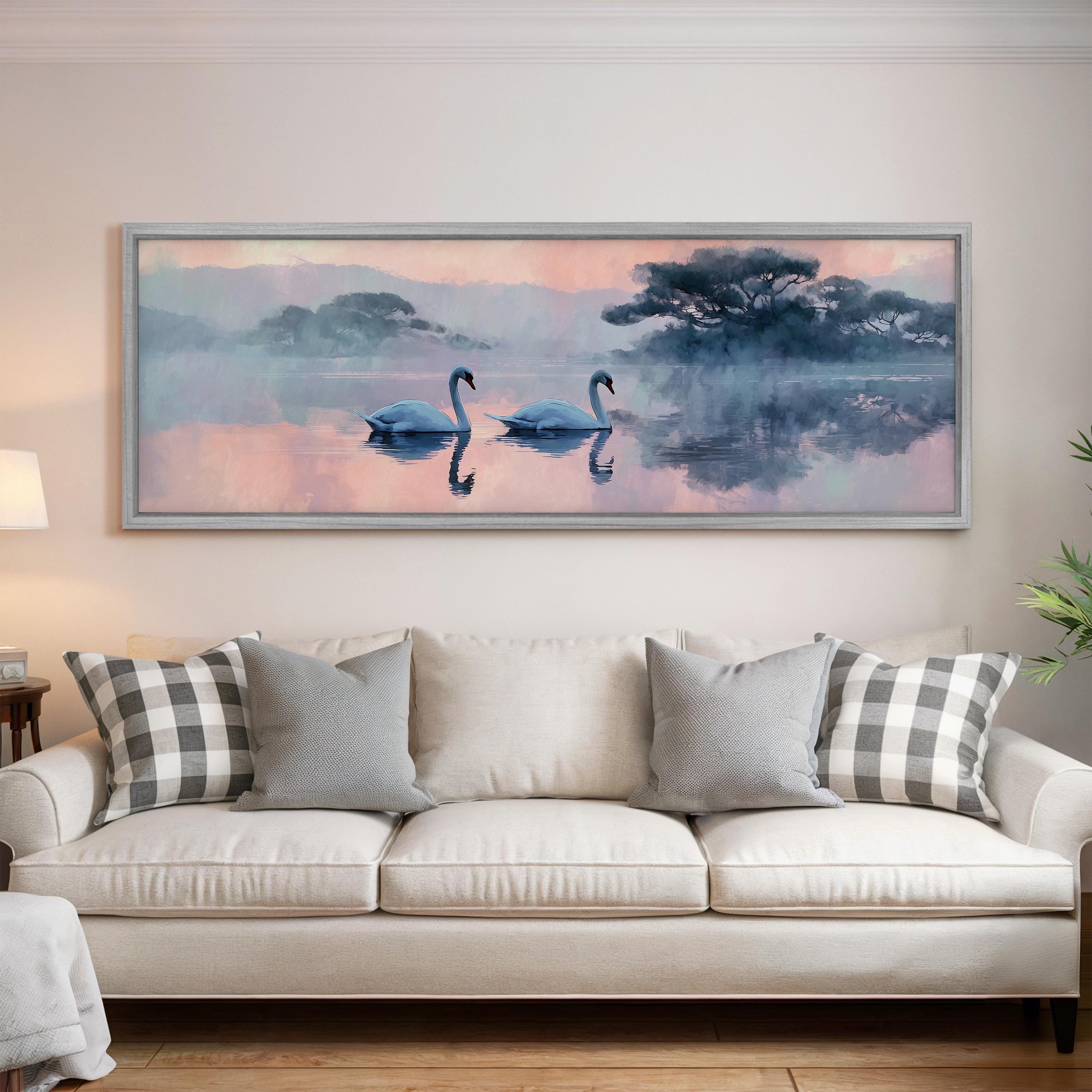 a large painting of two swans floating on a lake, with a serene and peaceful landscape in the background.