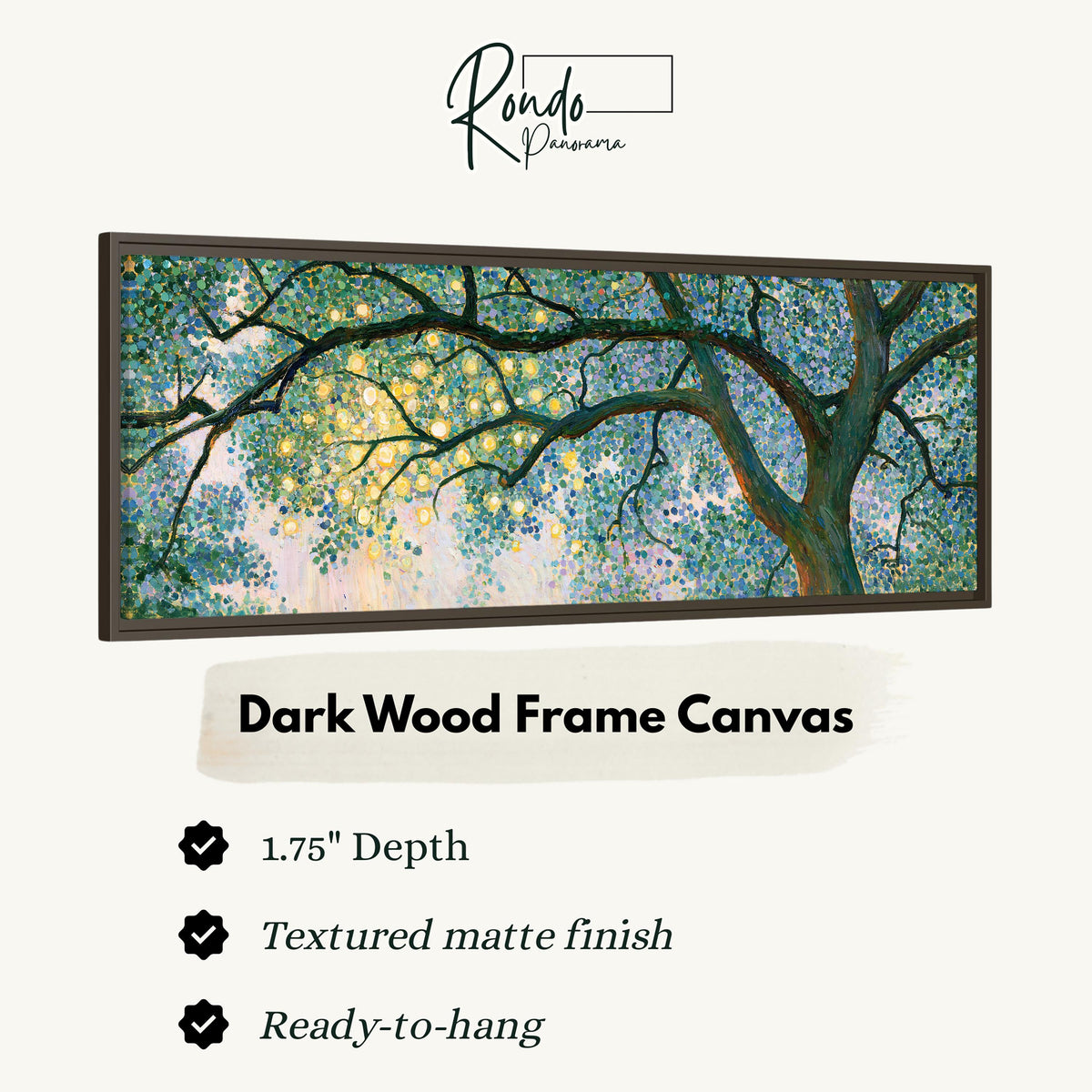 Tree canopy with golden light canvas print in a dark wood floating frame
