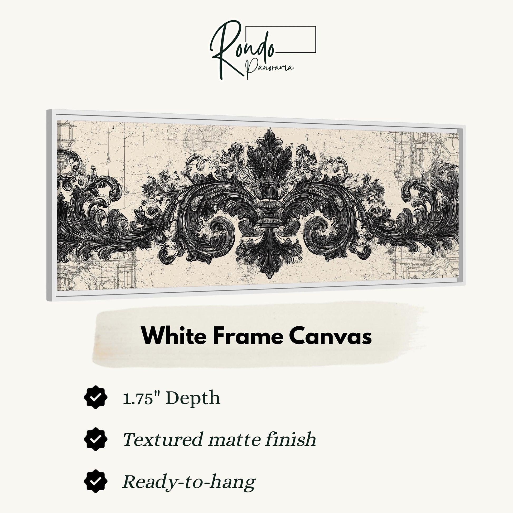 a white frame canvas with an ornate black and white design, including a decorative scroll or scrollwork. The canvas has a 1.75" depth and is textured with a matte finish. It is ready to hang and is described as a "White Frame Canvas".