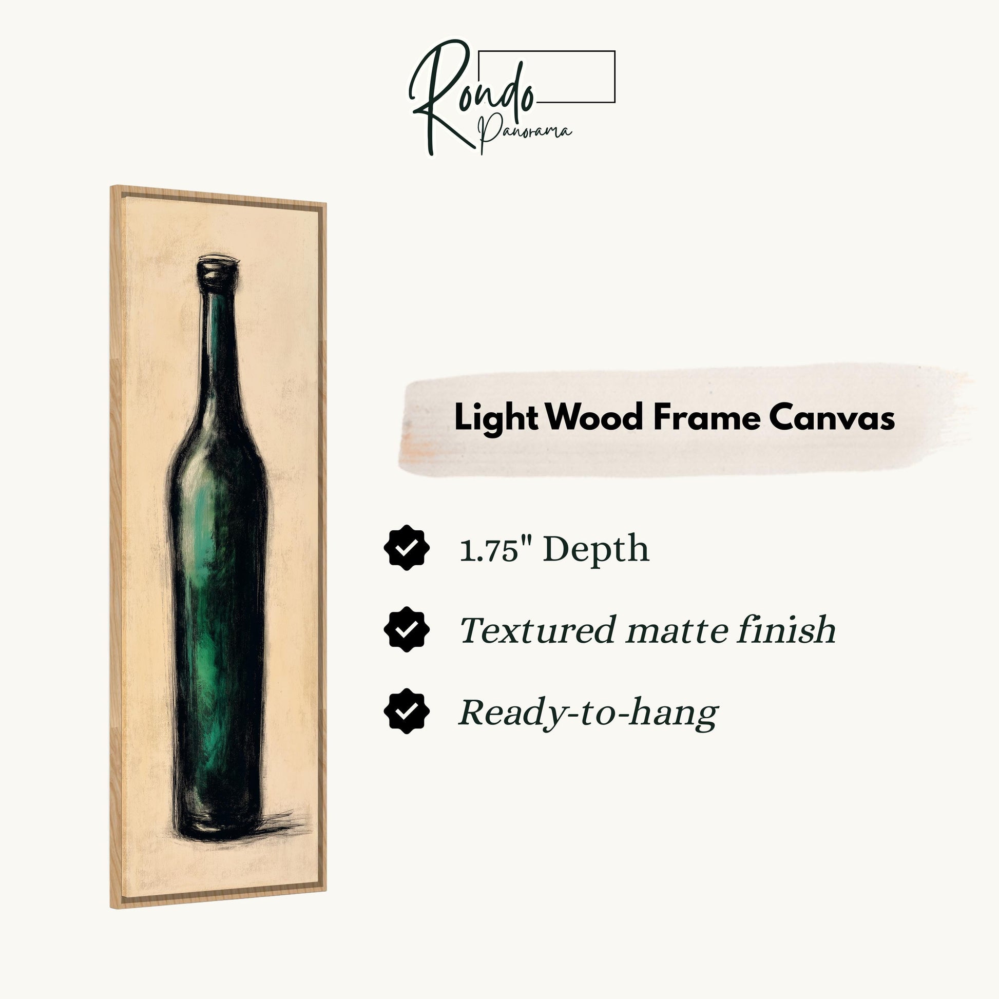 a light wood frame canvas depicting a green bottle.