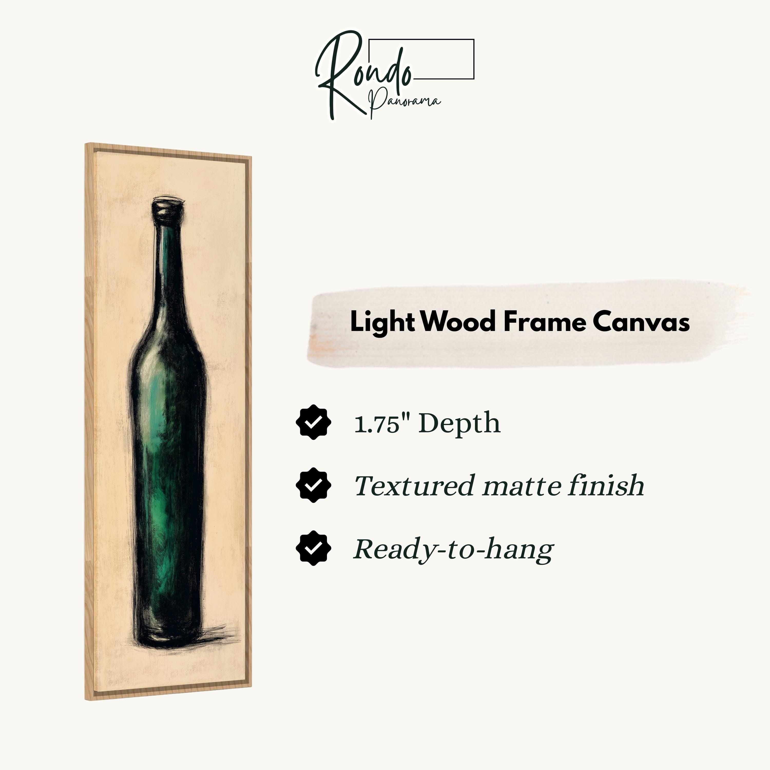 a light wood frame canvas depicting a green bottle.