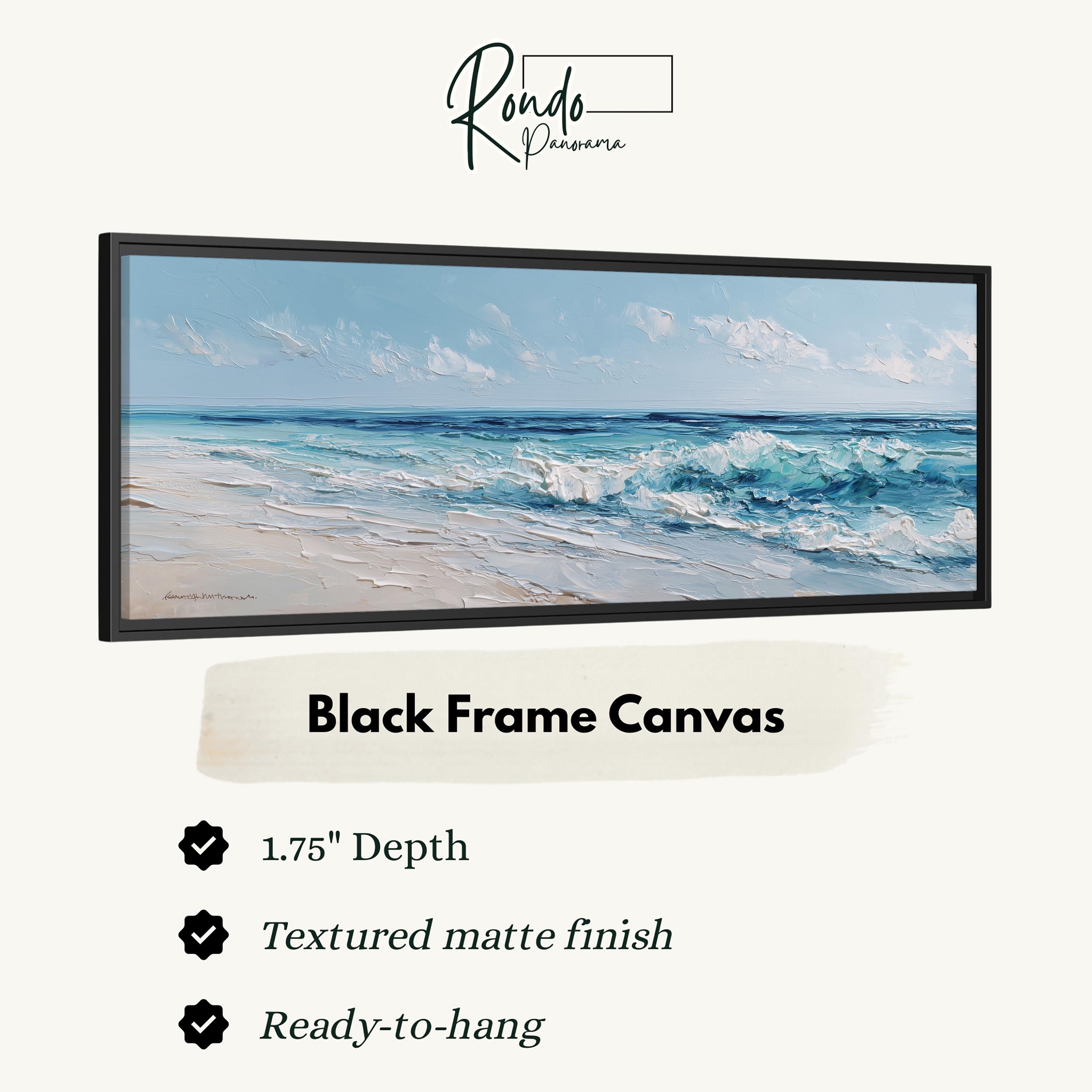 The image is a black frame canvas depicting a serene beach scene with waves crashing on the shore.